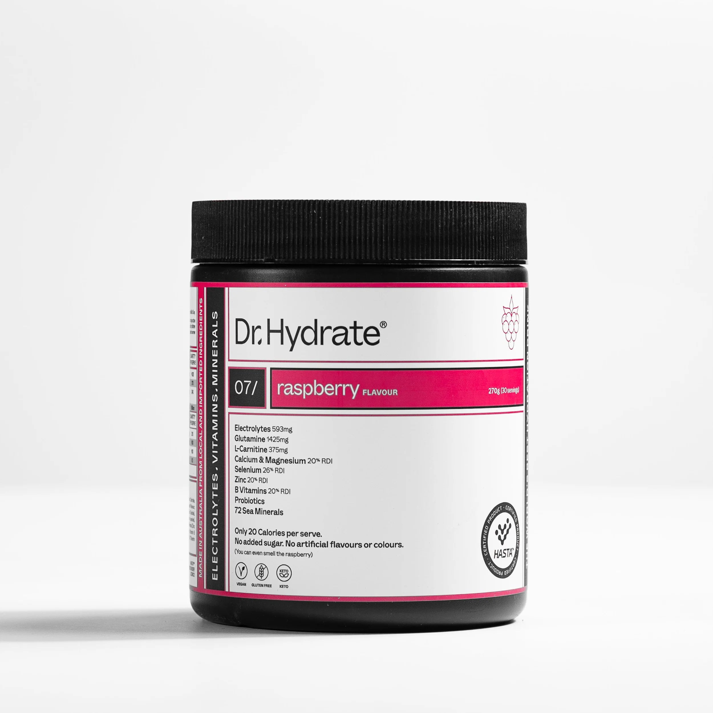 Dr Hydrate Electrolytes Tub - Raspberry - 270g (30 Serves)