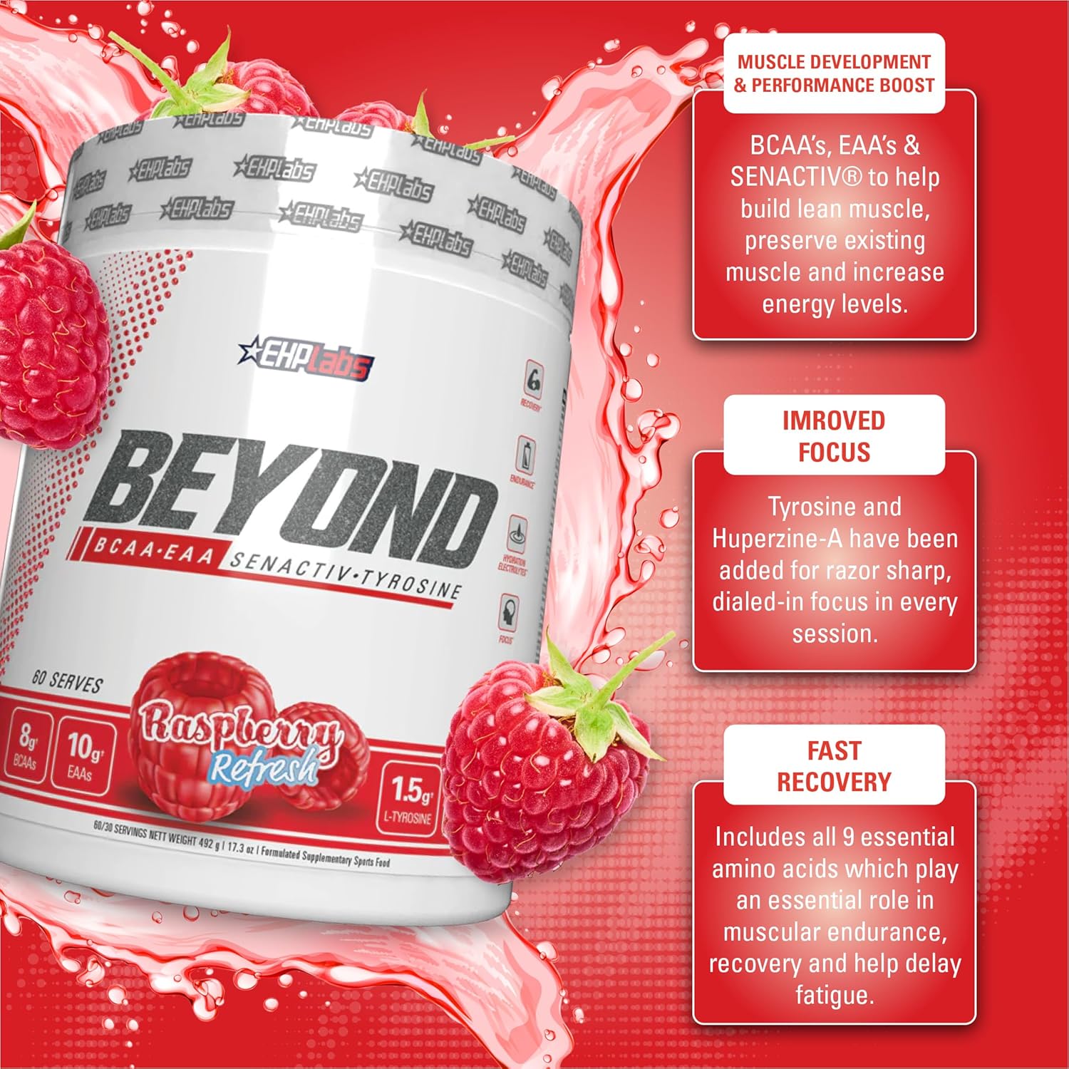 EHPlabs Beyond BCAA-EAA Intra Workout - 492g (60 Serves) - Raspberry Refresh