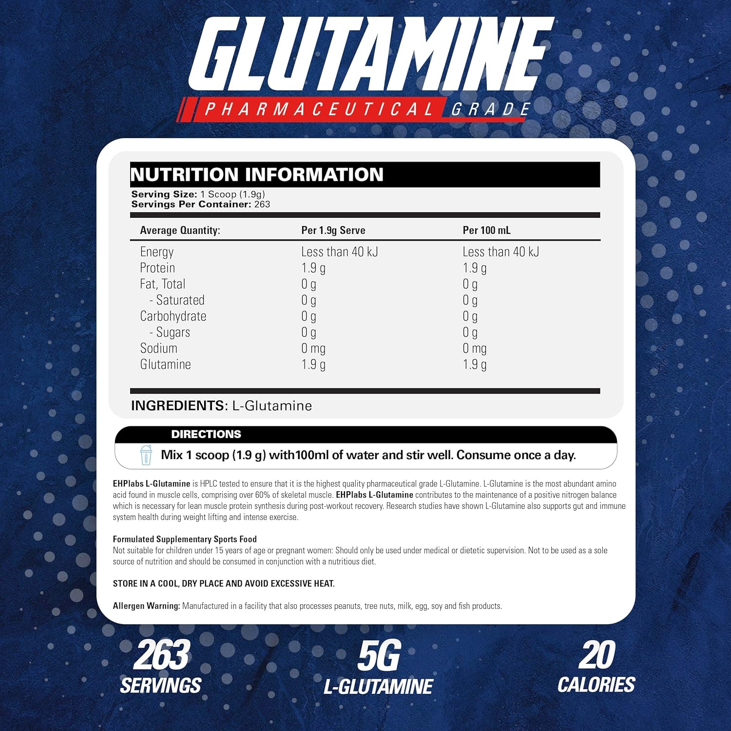 EHPlabs Glutamine Amino Acid - 500g (100 Serves)