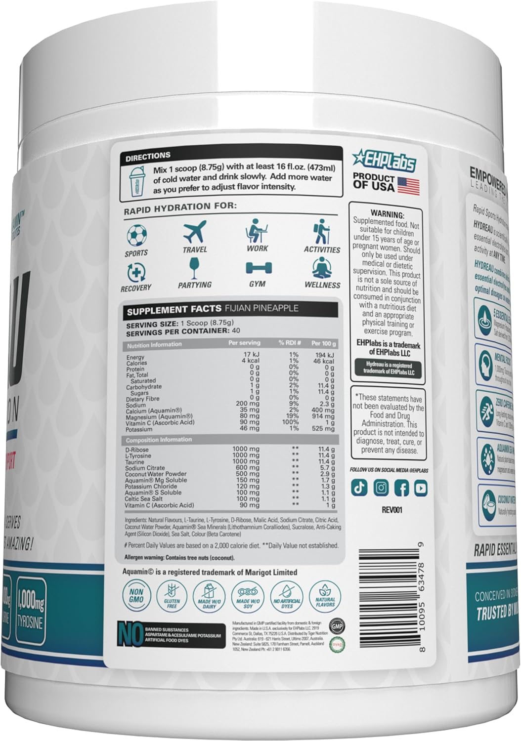 EHPlabs Hydreau Sports Hydration Powder - 299g (40 Serves) - Kiwi Strawberry