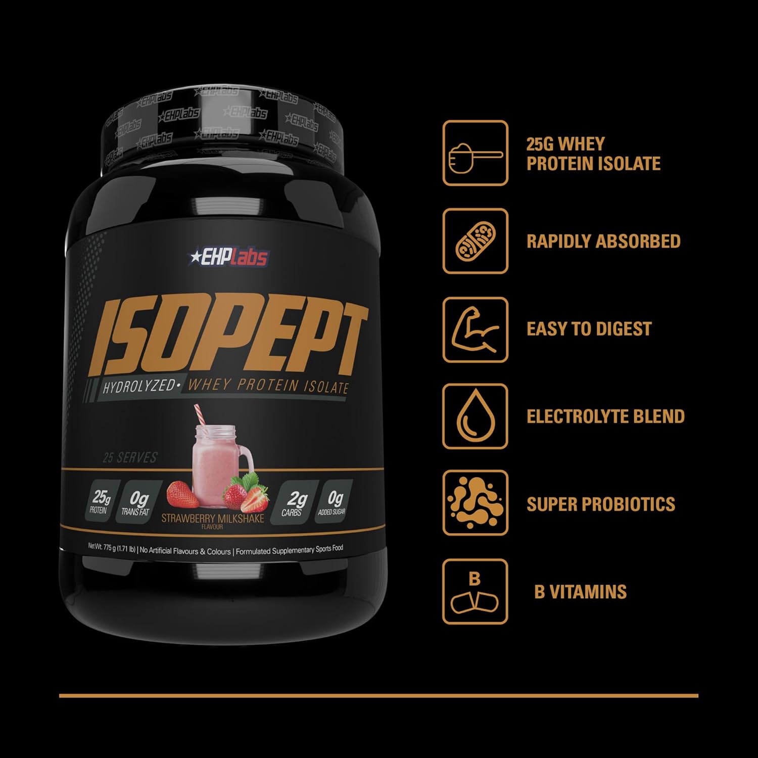 EHPlabs ISOPEPT Hydrolyzed Whey Protein Isolate - 775g (25 Serves) - Strawberry Milkshake