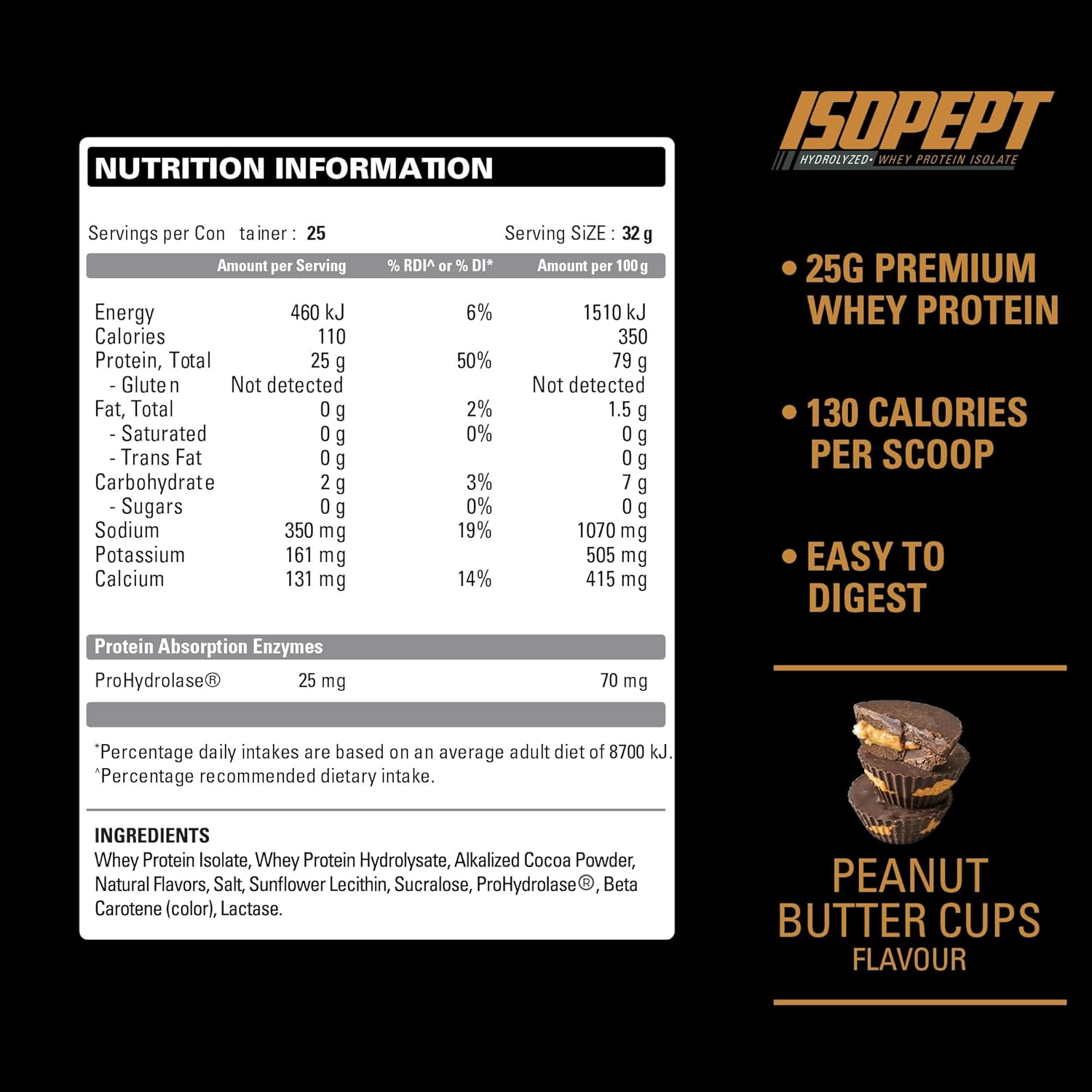 EHPlabs ISOPEPT Hydrolyzed Whey Protein Isolate - 800g (25 Serves) - Peanut Butter Cups