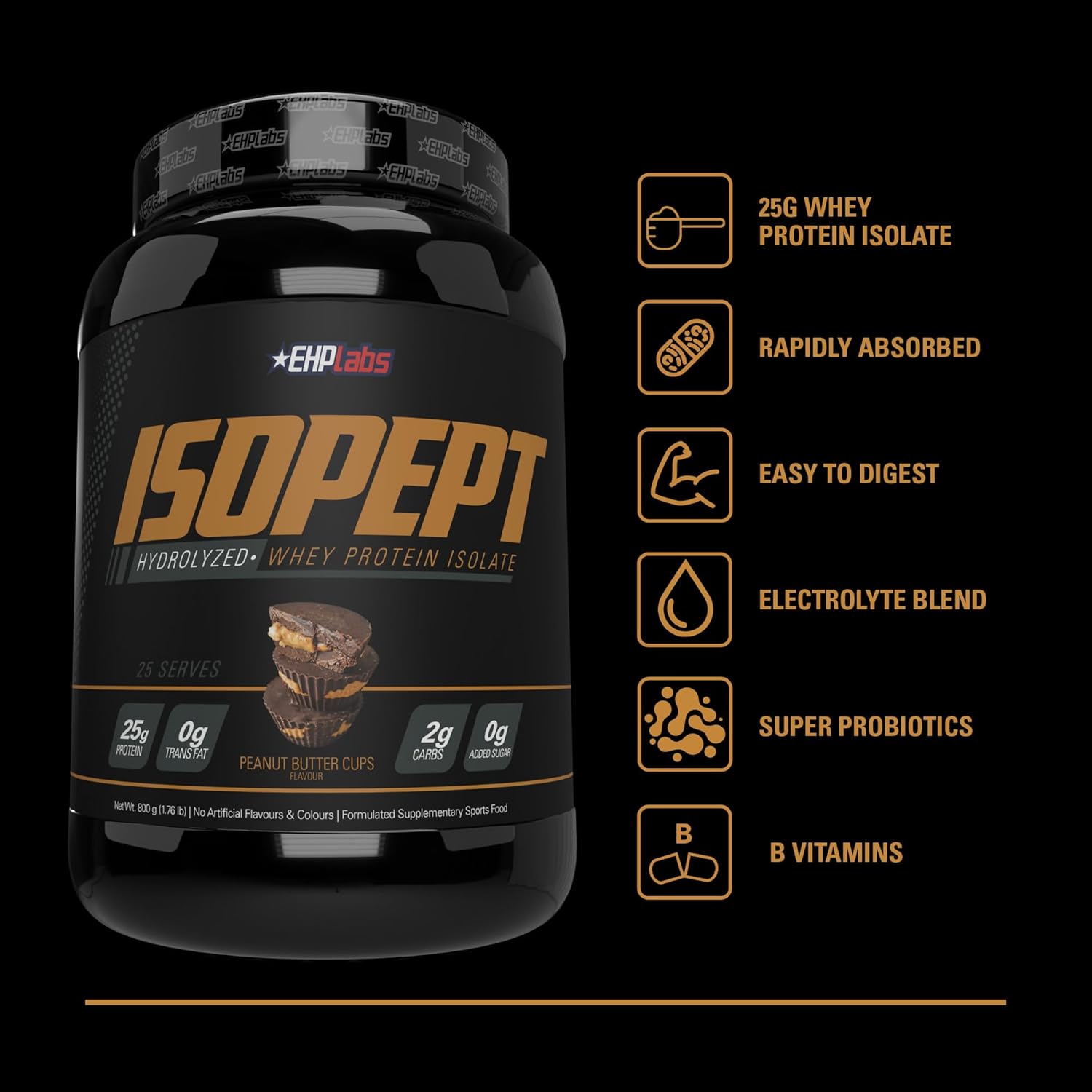 EHPlabs ISOPEPT Hydrolyzed Whey Protein Isolate - 800g (25 Serves) - Peanut Butter Cups