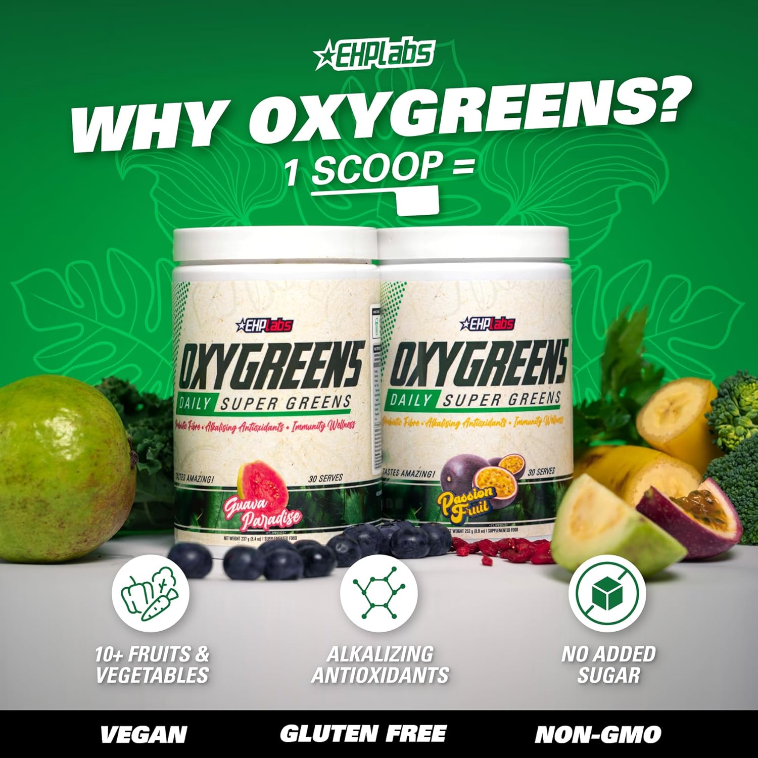 EHPlabs OxyGreens Daily Super Greens Powder - 245g (30 Serves) - Lychee