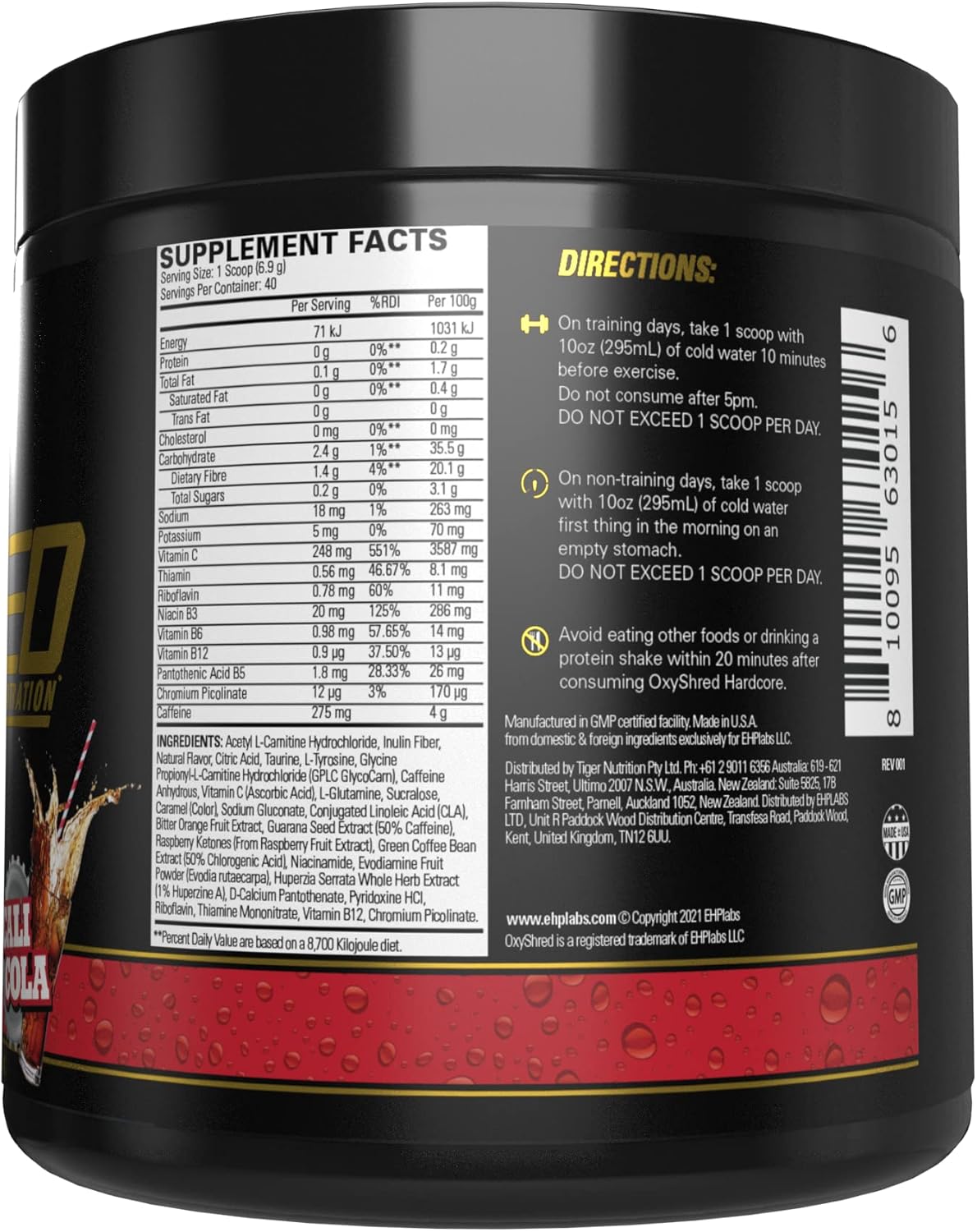 EHPlabs OxyShred Hardcore Ultra Concentrate - 276g (40 Serves) - Cali Cola