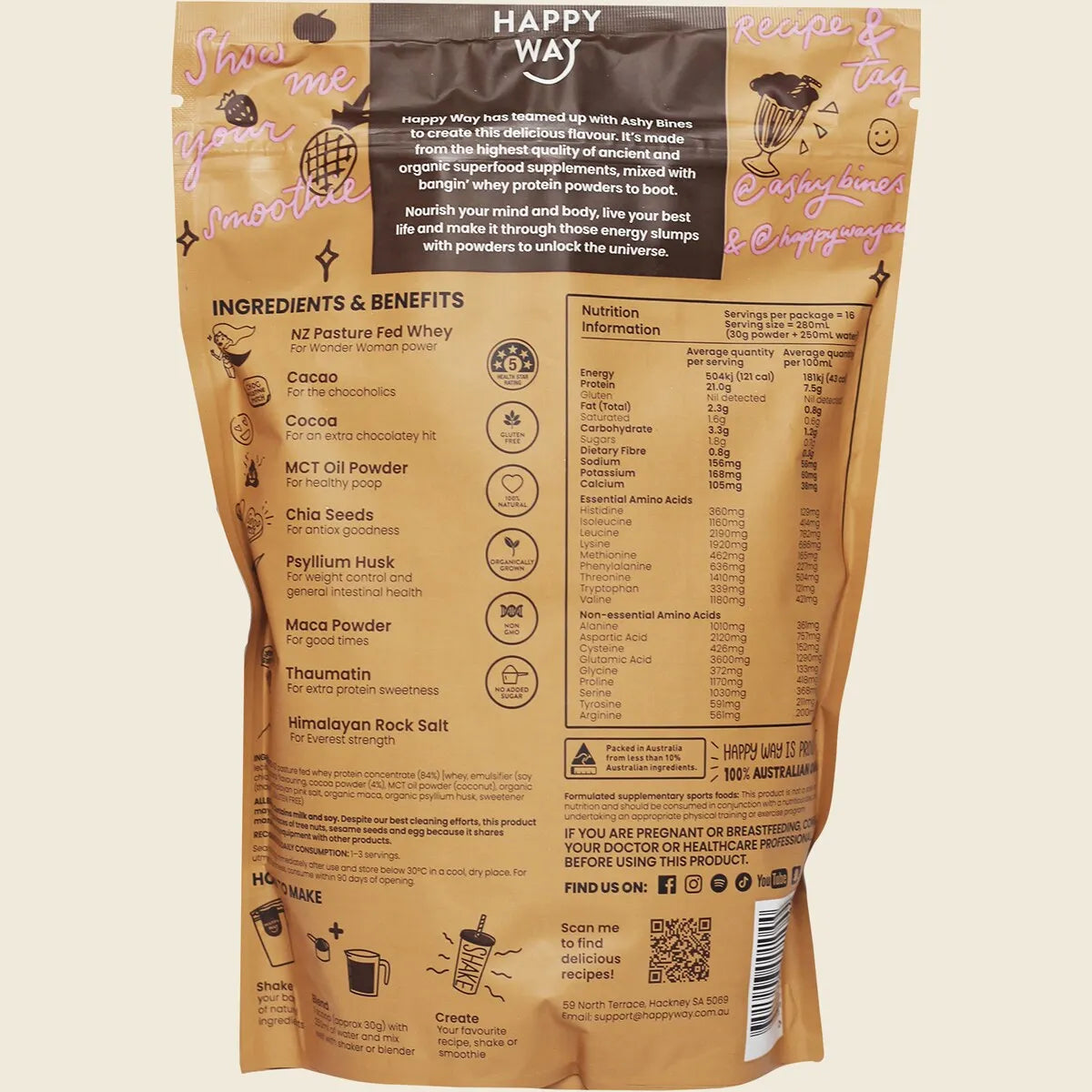 Happy Way Ashy Bines Whey Protein Powder - Choc Caramel - 500g