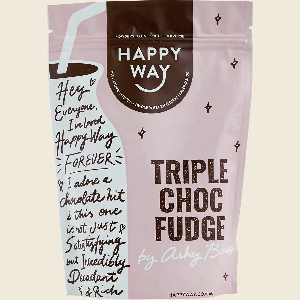 Happy Way Ashy Bines Whey Protein Powder - Triple Choc Fudge - 500g