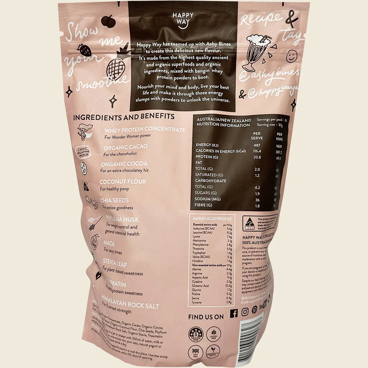 Happy Way Ashy Bines Whey Protein Powder - Triple Choc Fudge - 500g