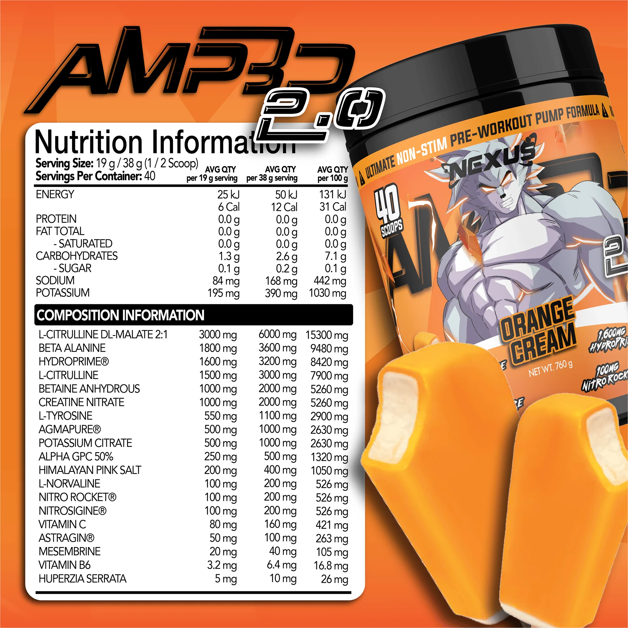 Nexus AMP3D 2.0 Non-Stim Pre-Workout - 760g (40 Serves) - Orange Cream