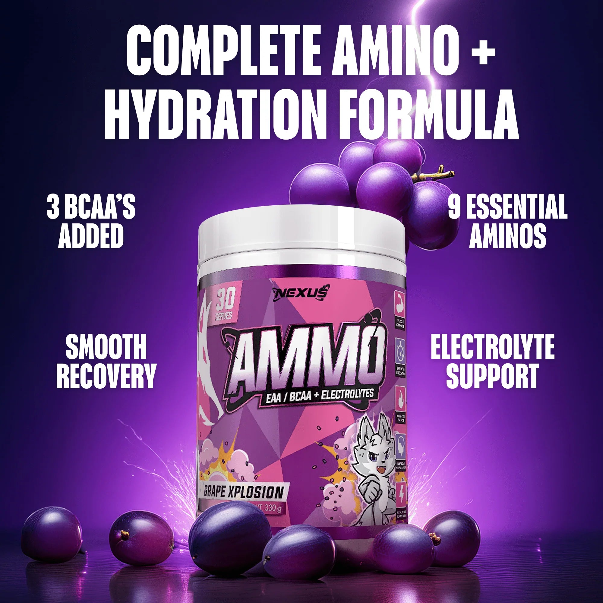 Nexus Ammo EAA / BCAA & Electrolytes - 330g (30 Serves) - Grape Xplosion