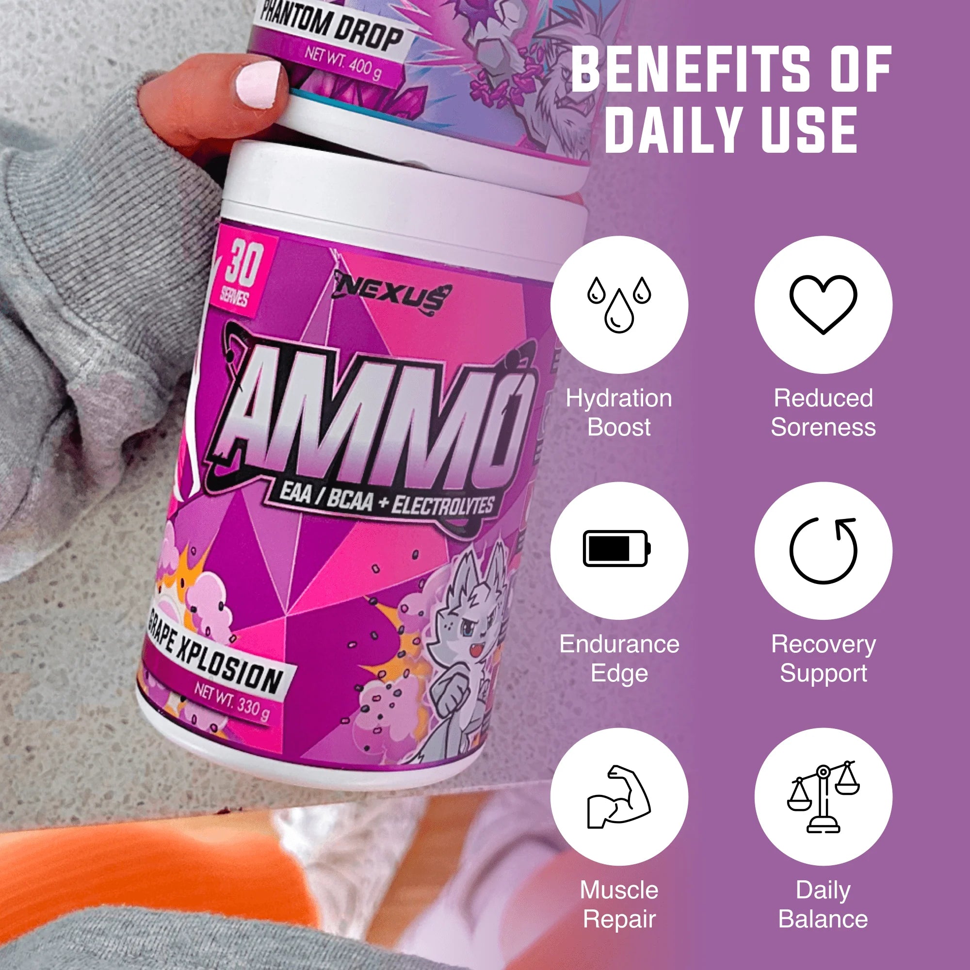 Nexus Ammo EAA / BCAA & Electrolytes - 330g (30 Serves) - Grape Xplosion