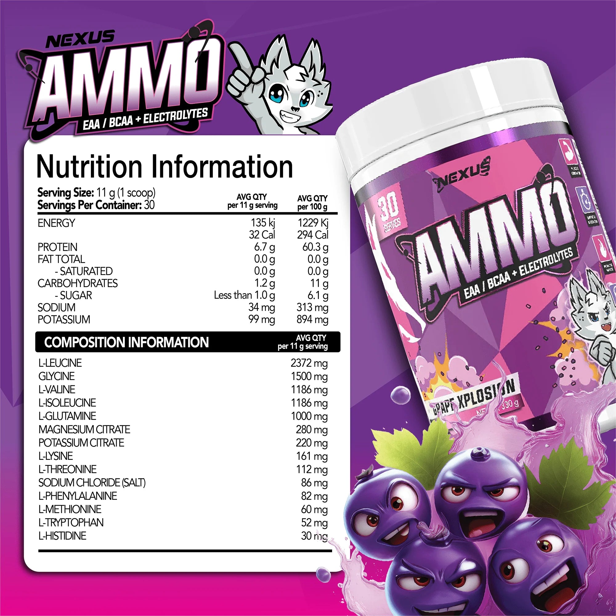 Nexus Ammo EAA / BCAA & Electrolytes - 330g (30 Serves) - Grape Xplosion