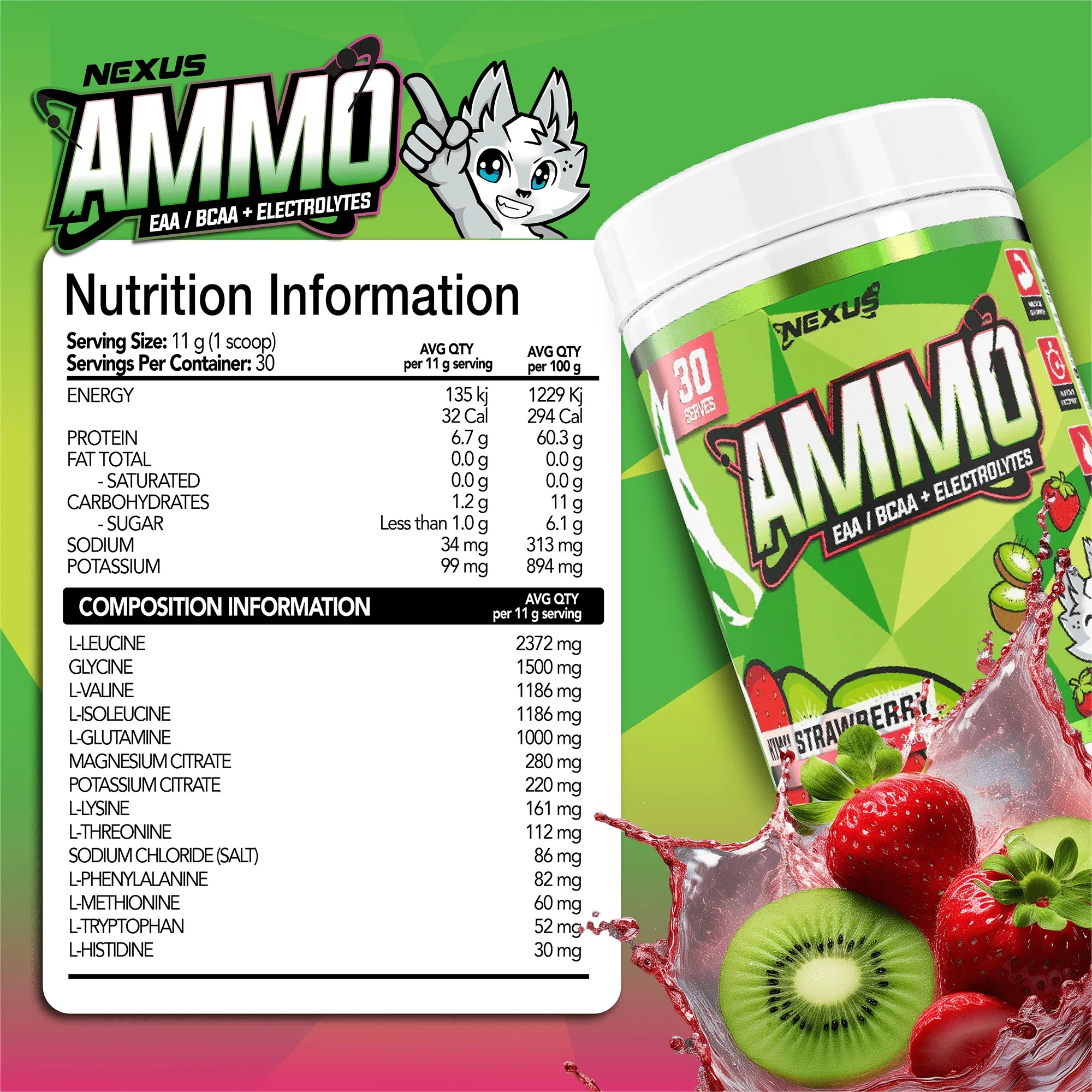 Nexus Ammo EAA / BCAA & Electrolytes - 330g (30 Serves) - Kiwi Strawberry
