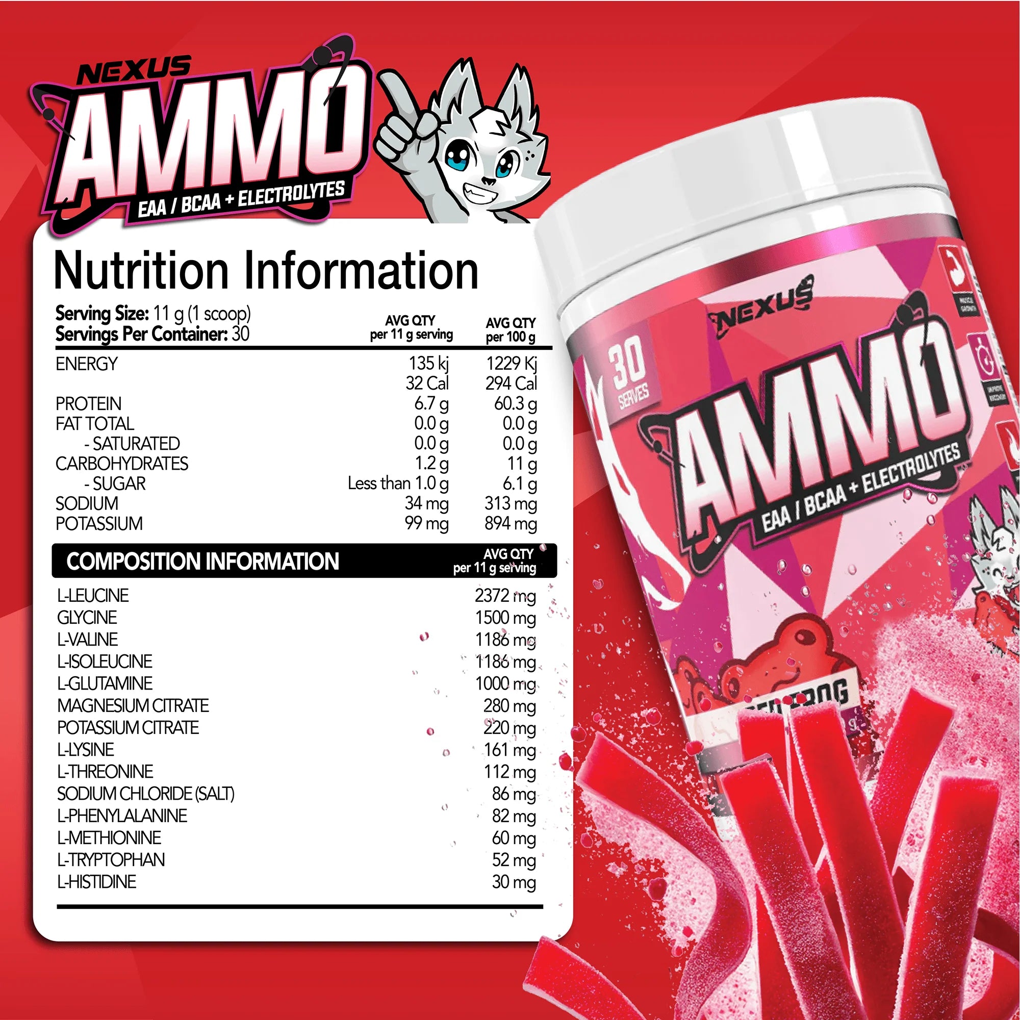 Nexus Ammo EAA / BCAA & Electrolytes - 330g (30 Serves) - Red Frog