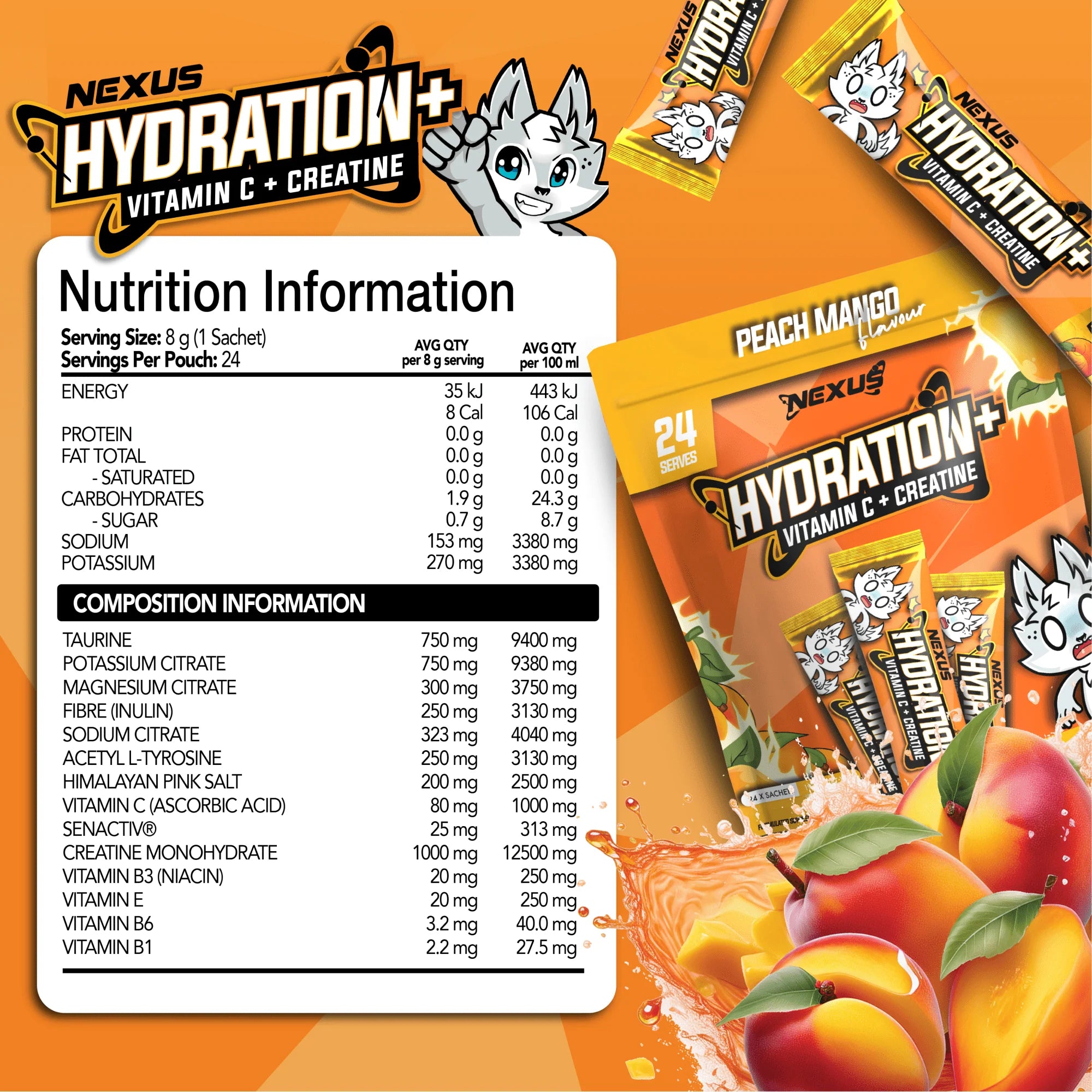 Nexus Hydration+ Electrolyte & Creatine - 24 x Sachets (192g) - Peach Mango