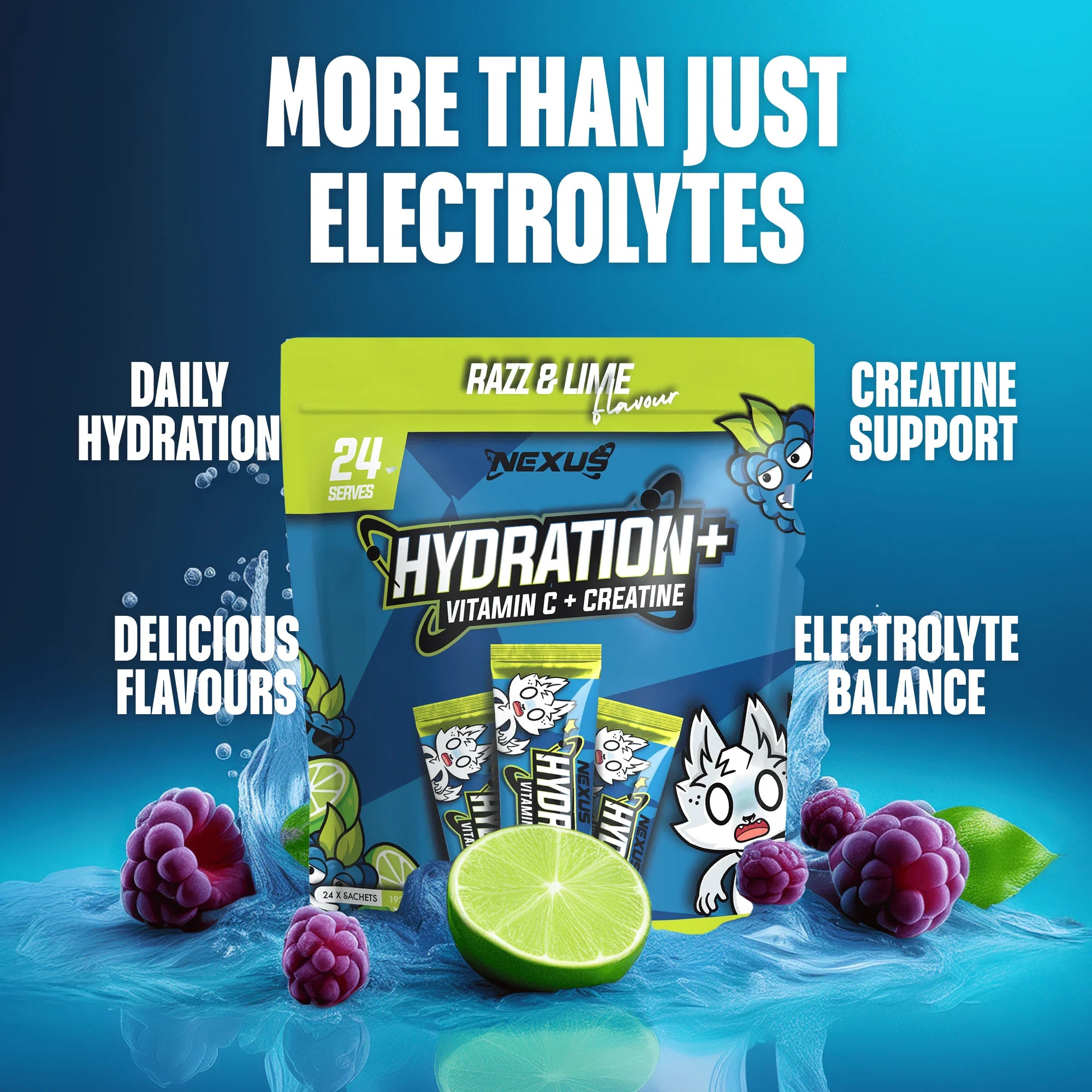 Nexus Hydration+ Electrolyte & Creatine - 24 x Sachets (192g) - Razz & Lime