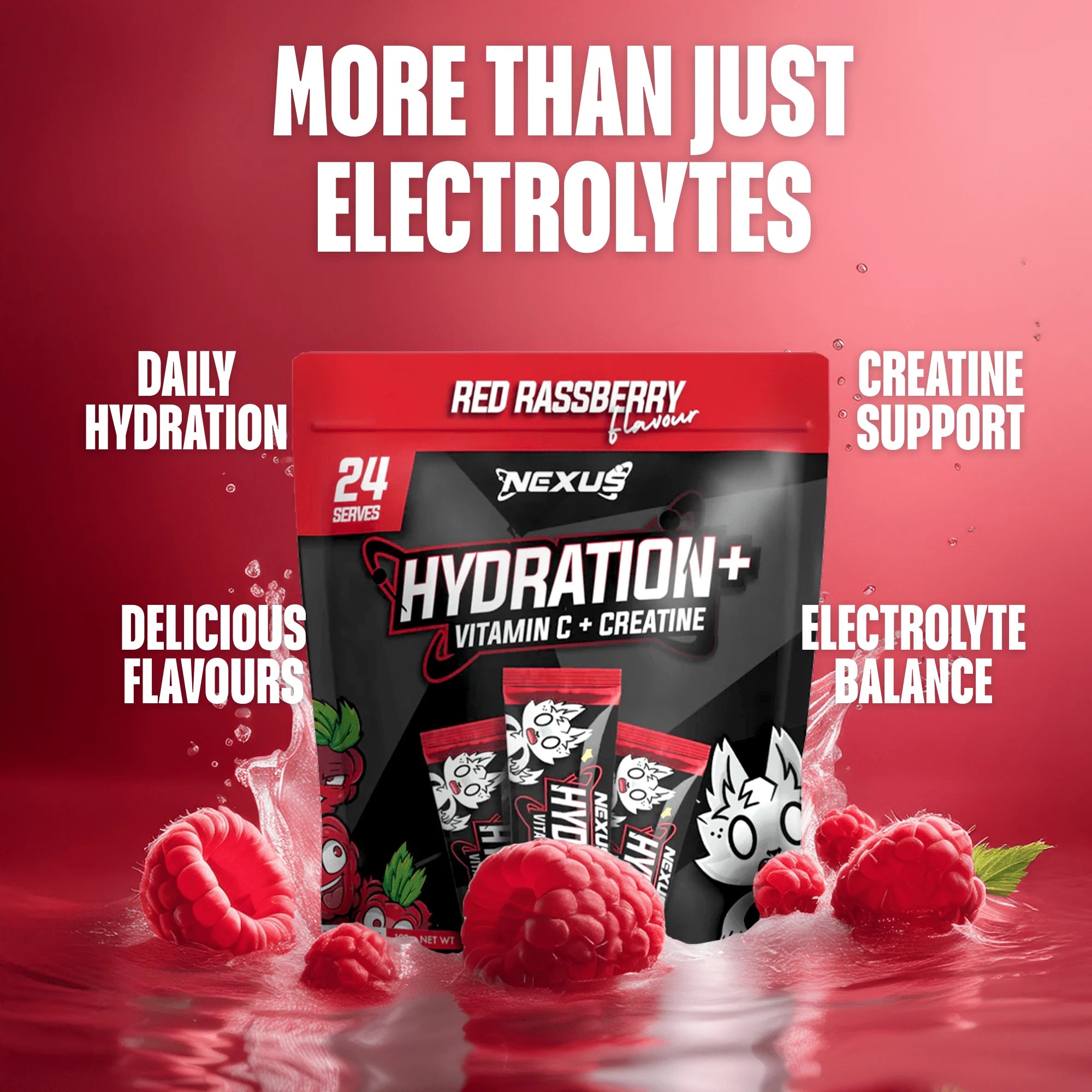 Nexus Hydration+ Electrolyte & Creatine - 24 x Sachets (192g) - Red Rassberry