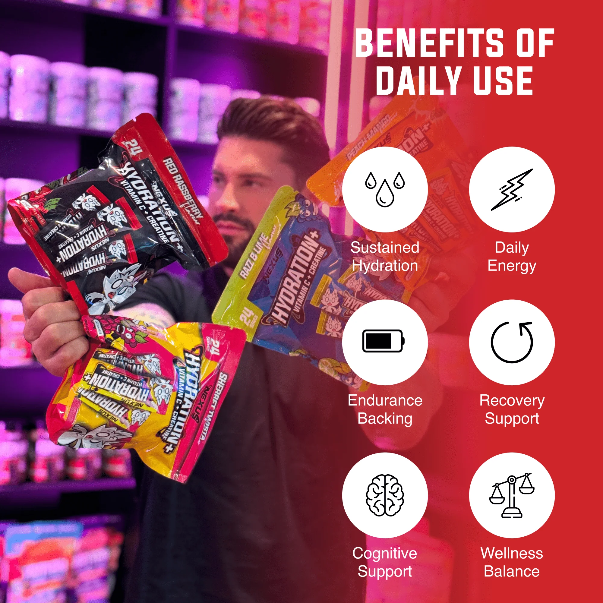 Nexus Hydration+ Electrolyte & Creatine - 24 x Sachets (192g) - Red Rassberry