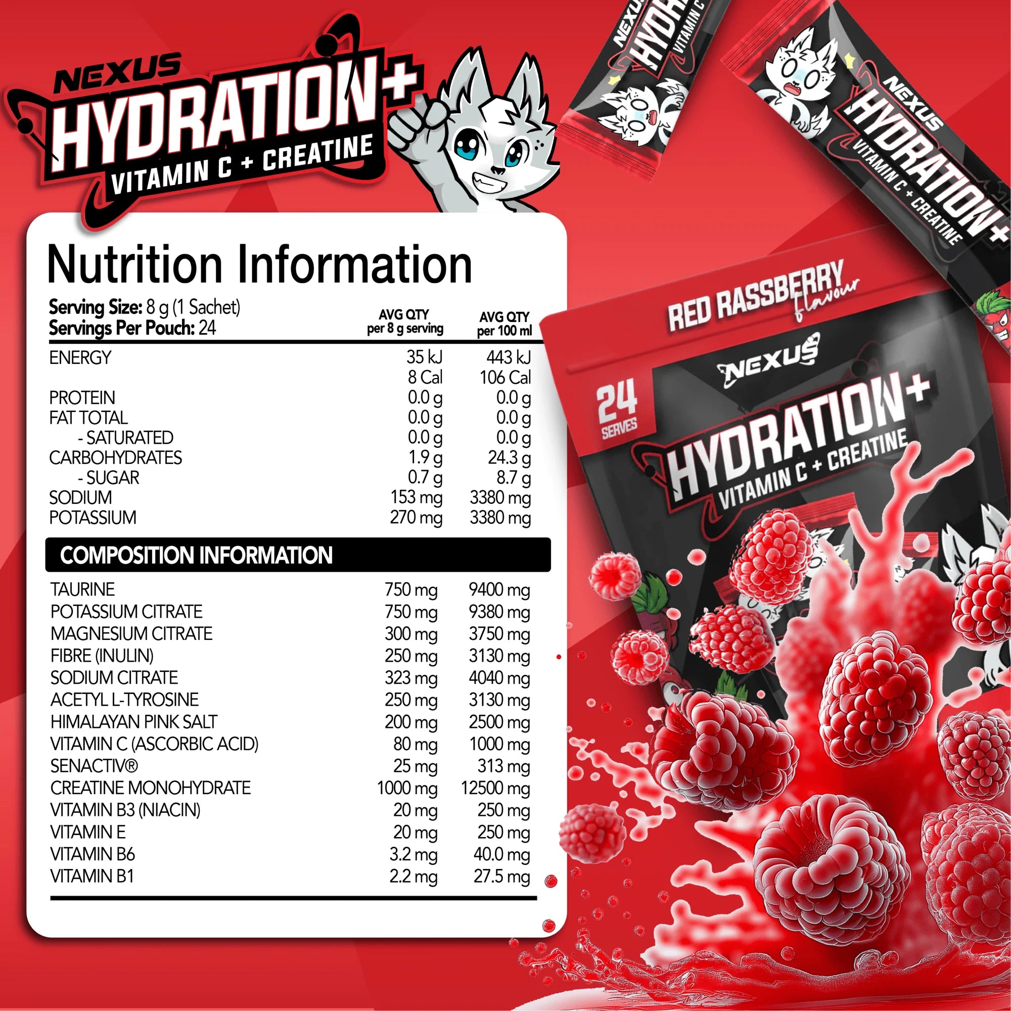Nexus Hydration+ Electrolyte & Creatine - 24 x Sachets (192g) - Red Rassberry