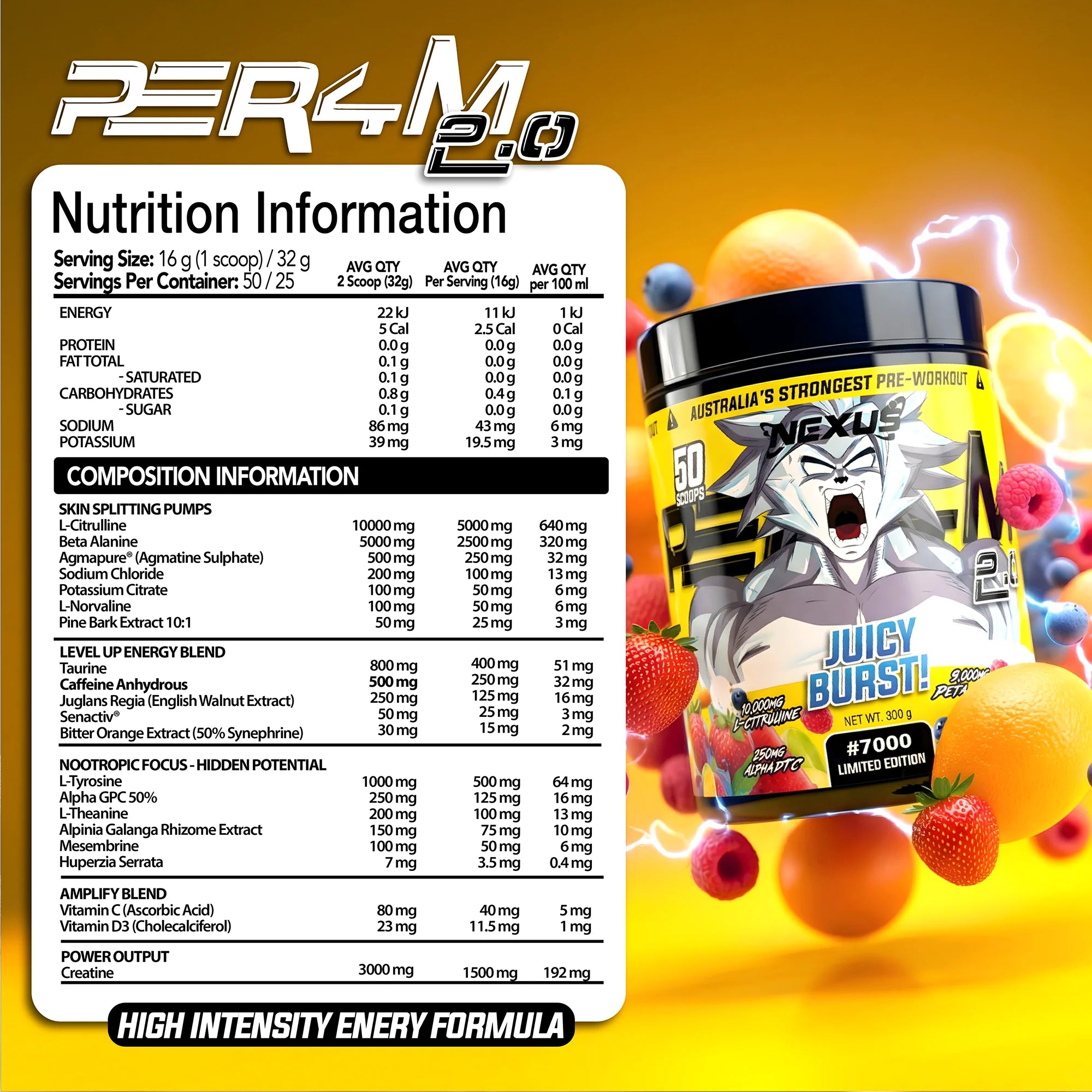 Nexus PER4M 2.0 High Stim Pre-Workout - 800g (50 Serves) - Juicy Burst