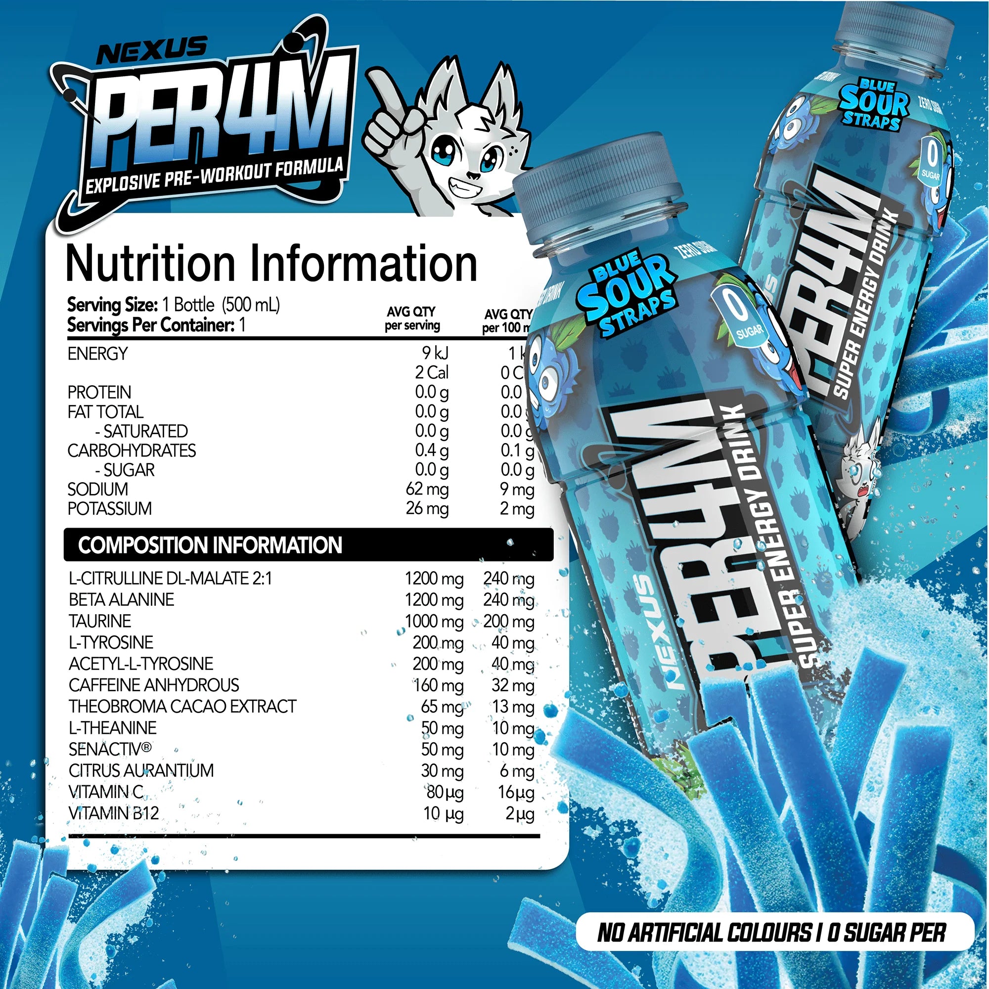 Nexus PER4M Energy Drink RTD - 355ml - Blue Sour Straps