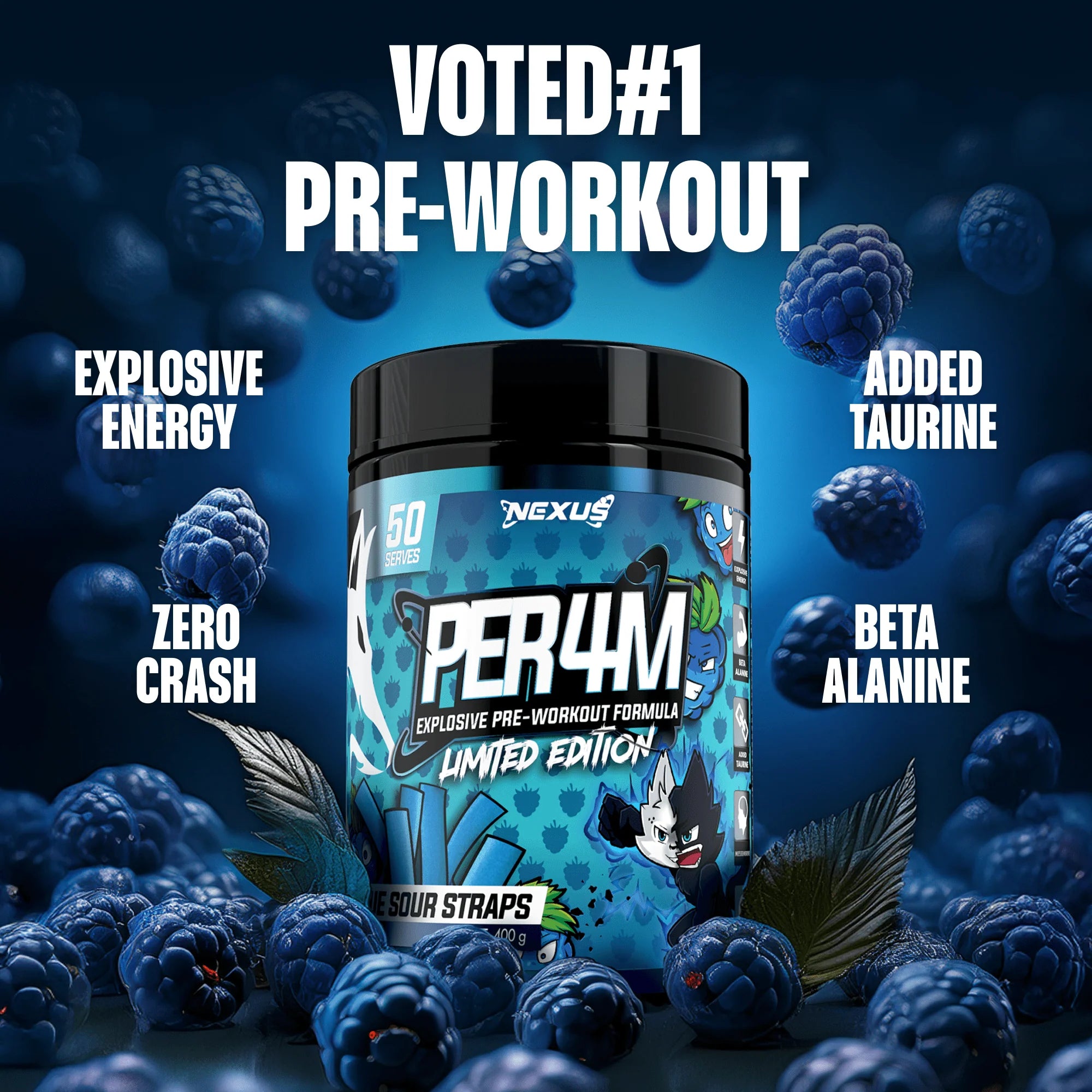 Nexus PER4M Pre-Workout - 400g (50 Serves) - Blue Sour Strap