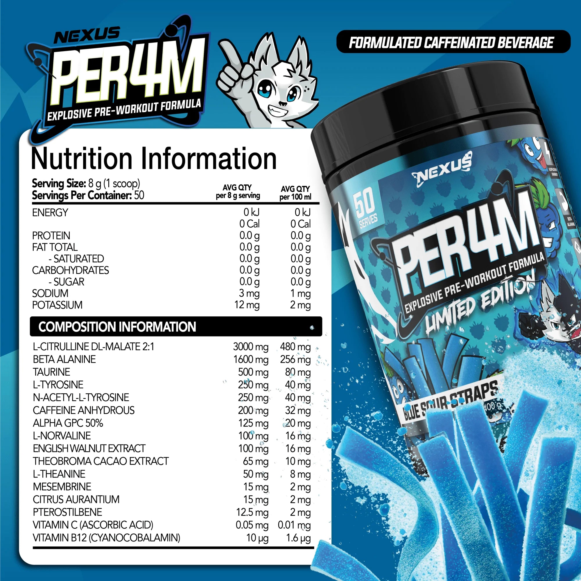 Nexus PER4M Pre-Workout - 400g (50 Serves) - Blue Sour Strap