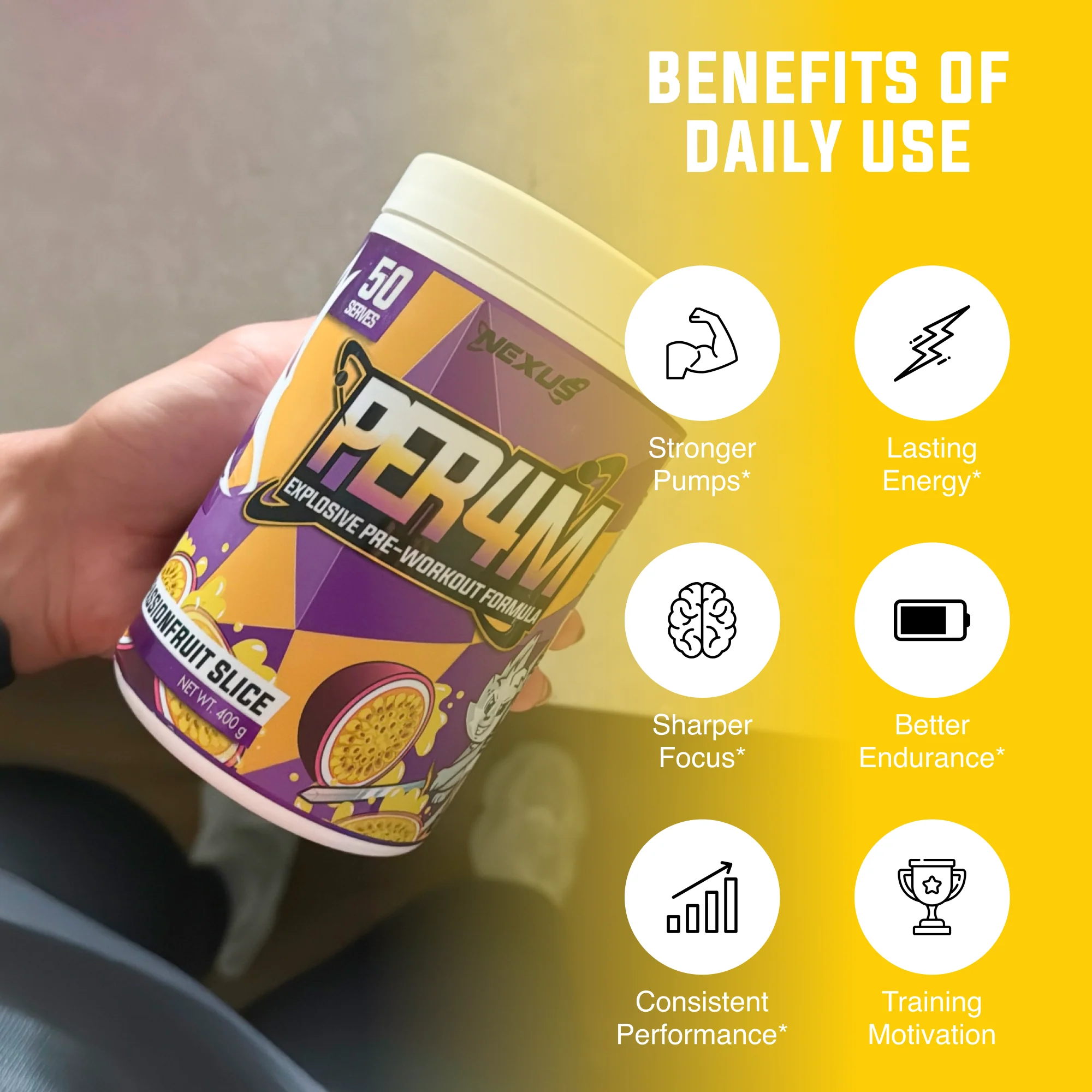 Nexus PER4M Pre-Workout - 400g (50 Serves) - Passionfruit Slice