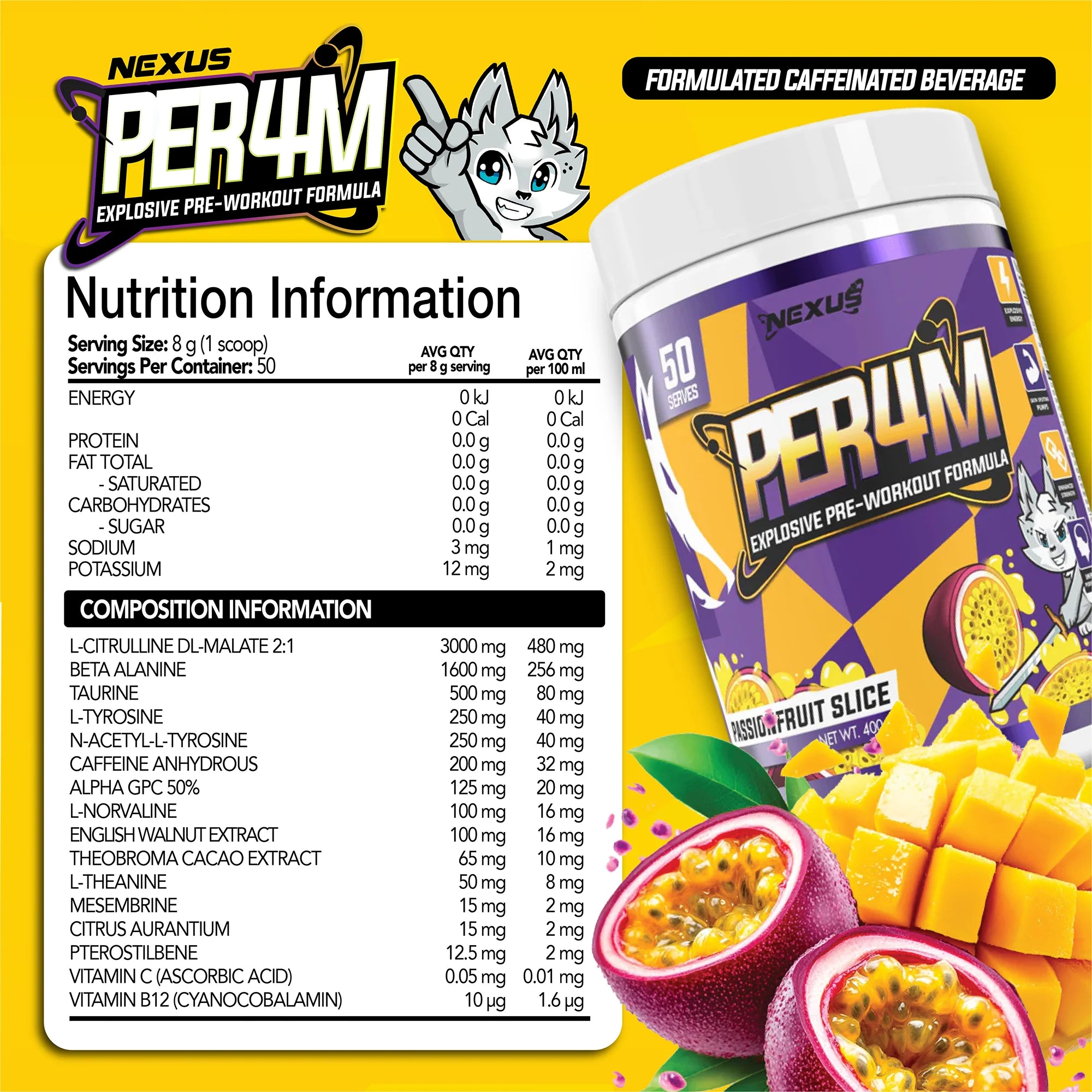 Nexus PER4M Pre-Workout - 400g (50 Serves) - Passionfruit Slice