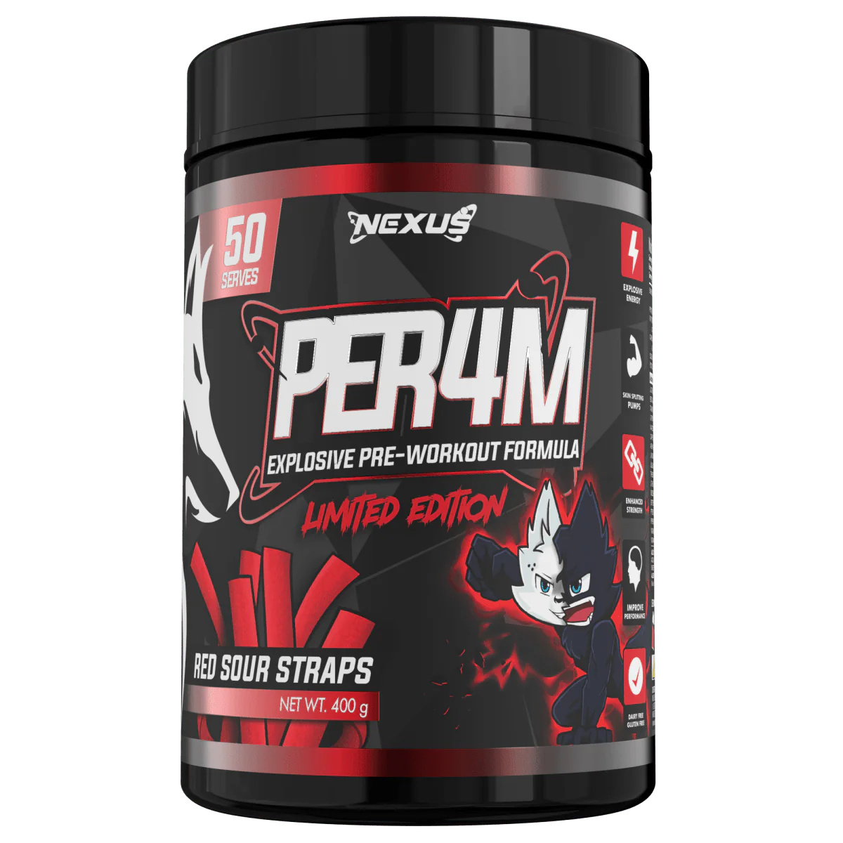 Nexus PER4M Pre-Workout - 400g (50 Serves) - Red Sour Straps