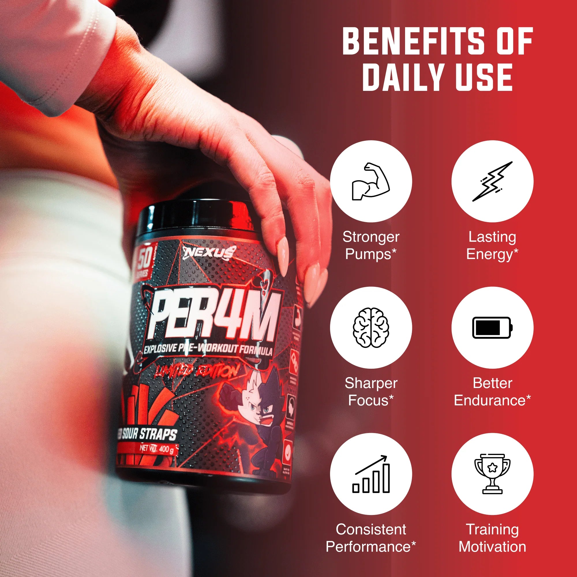 Nexus PER4M Pre-Workout - 400g (50 Serves) - Red Sour Straps