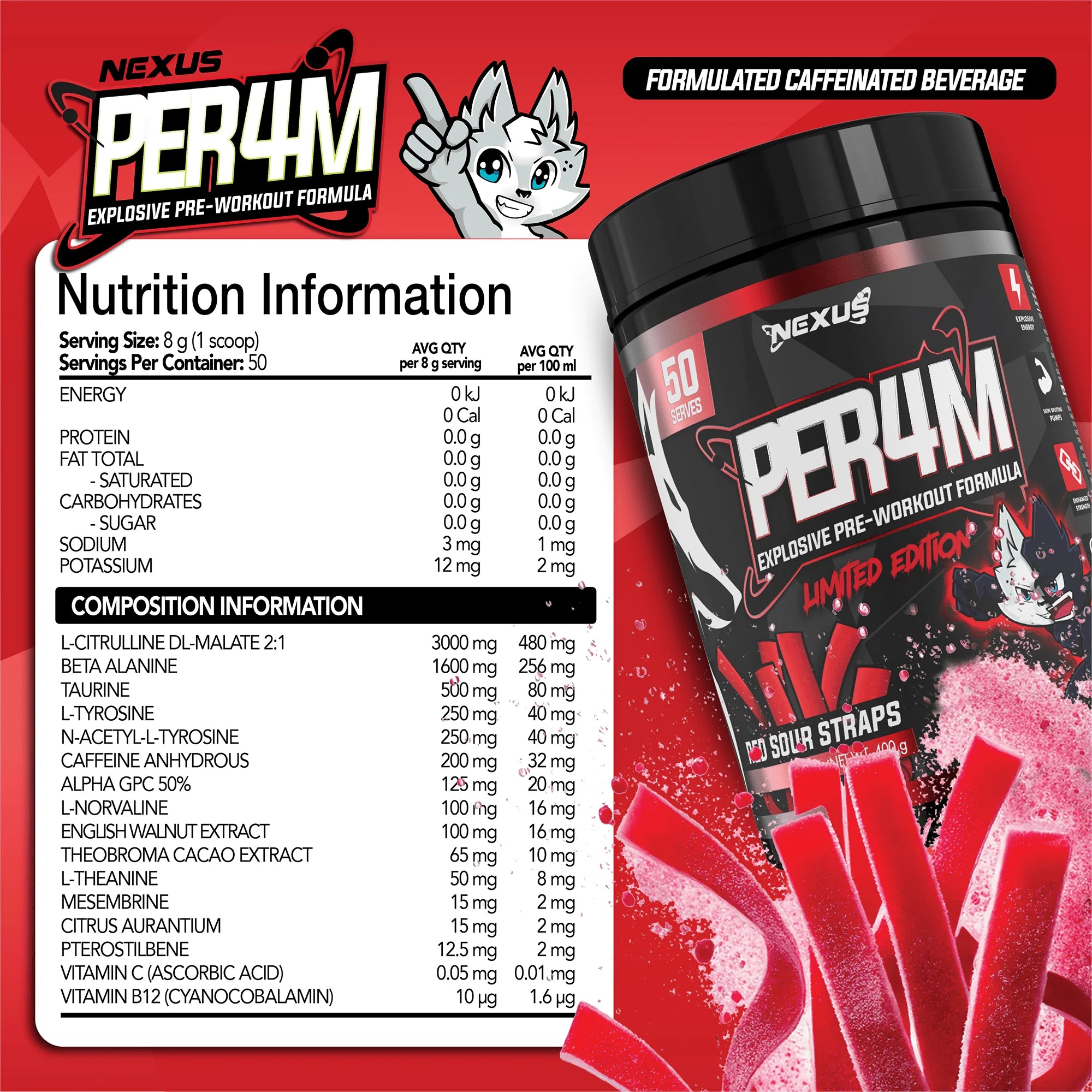 Nexus PER4M Pre-Workout - 400g (50 Serves) - Red Sour Straps