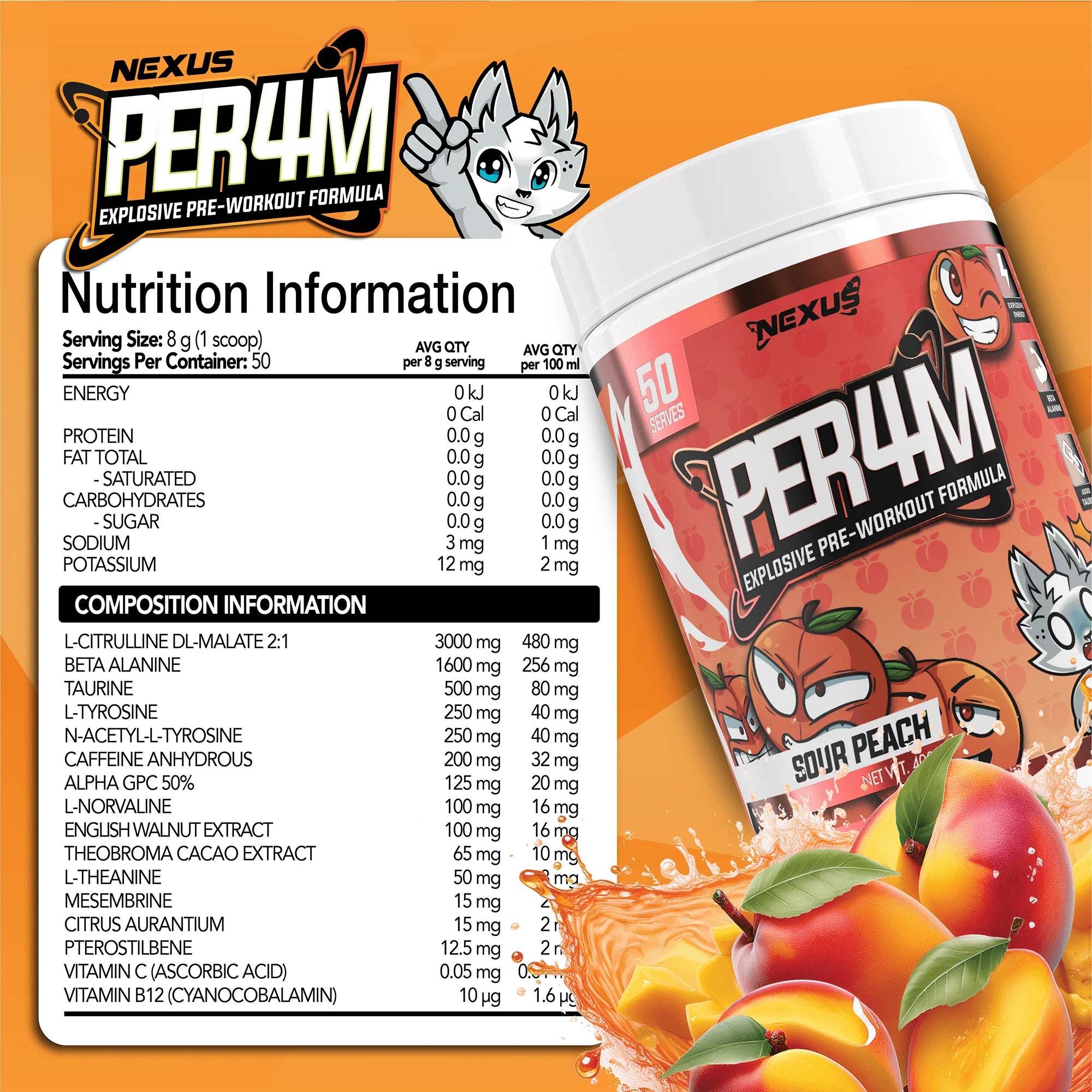 Nexus PER4M Pre-Workout - 400g (50 Serves) - Sour Peach