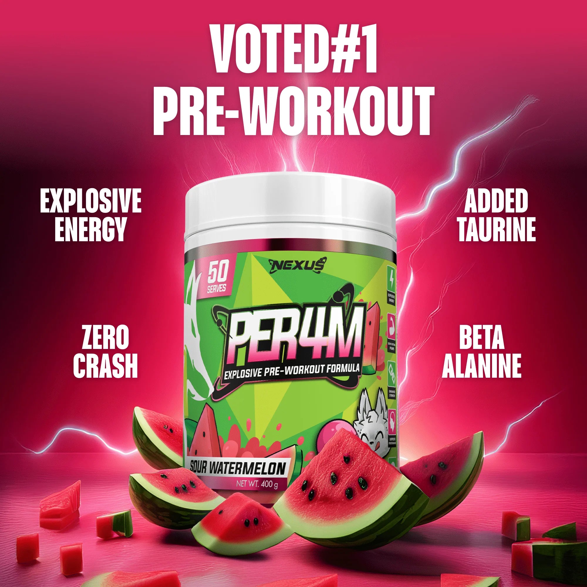Nexus PER4M Pre-Workout - 400g (50 Serves) - Sour Watermelon