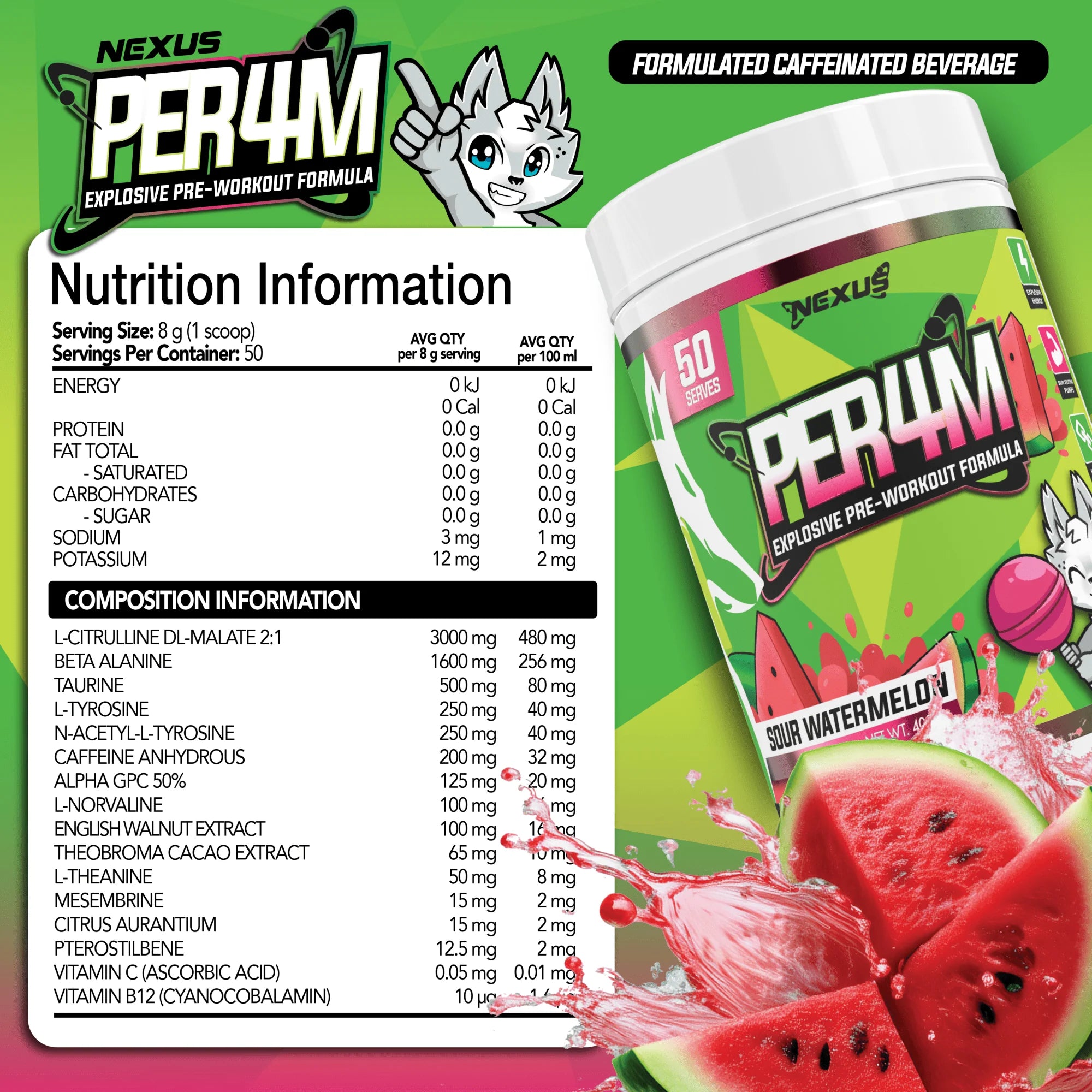 Nexus PER4M Pre-Workout - 400g (50 Serves) - Sour Watermelon