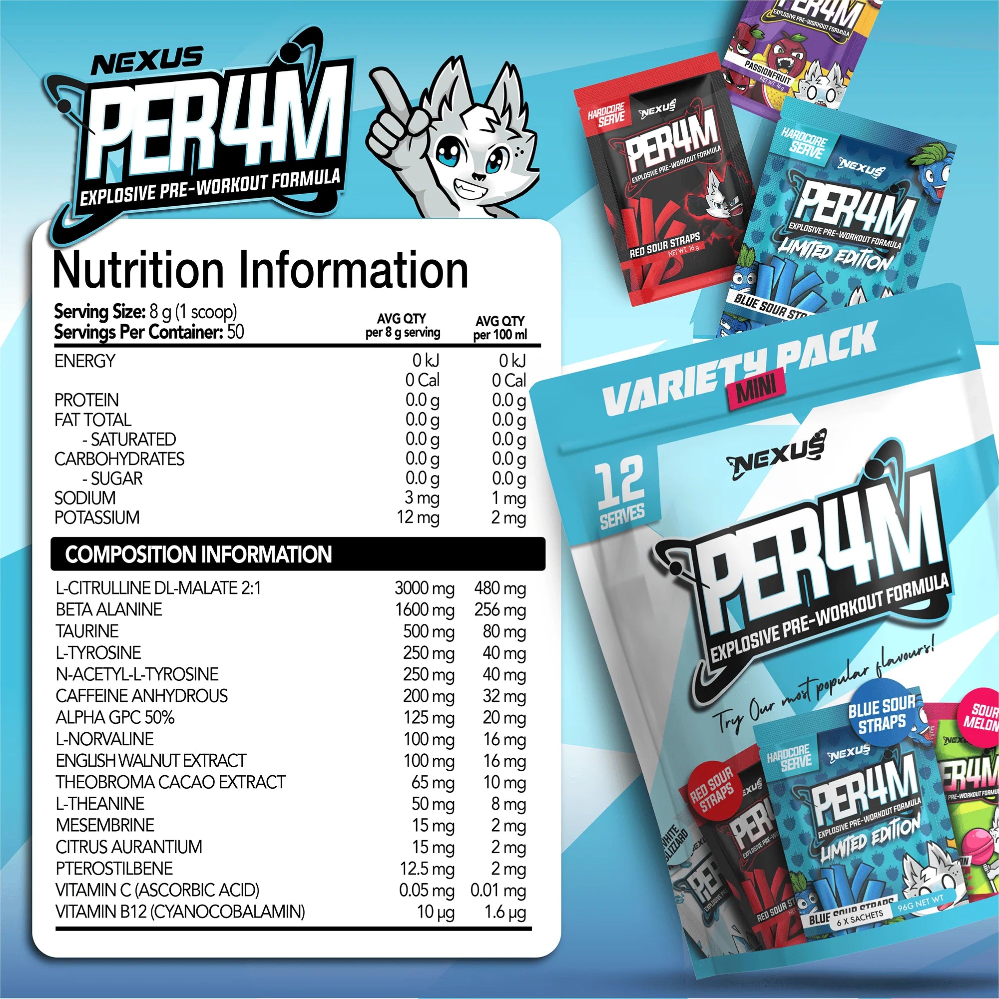 Nexus PER4M Pre-Workout - Variety Pack - 12 Serves (6 Sachets)