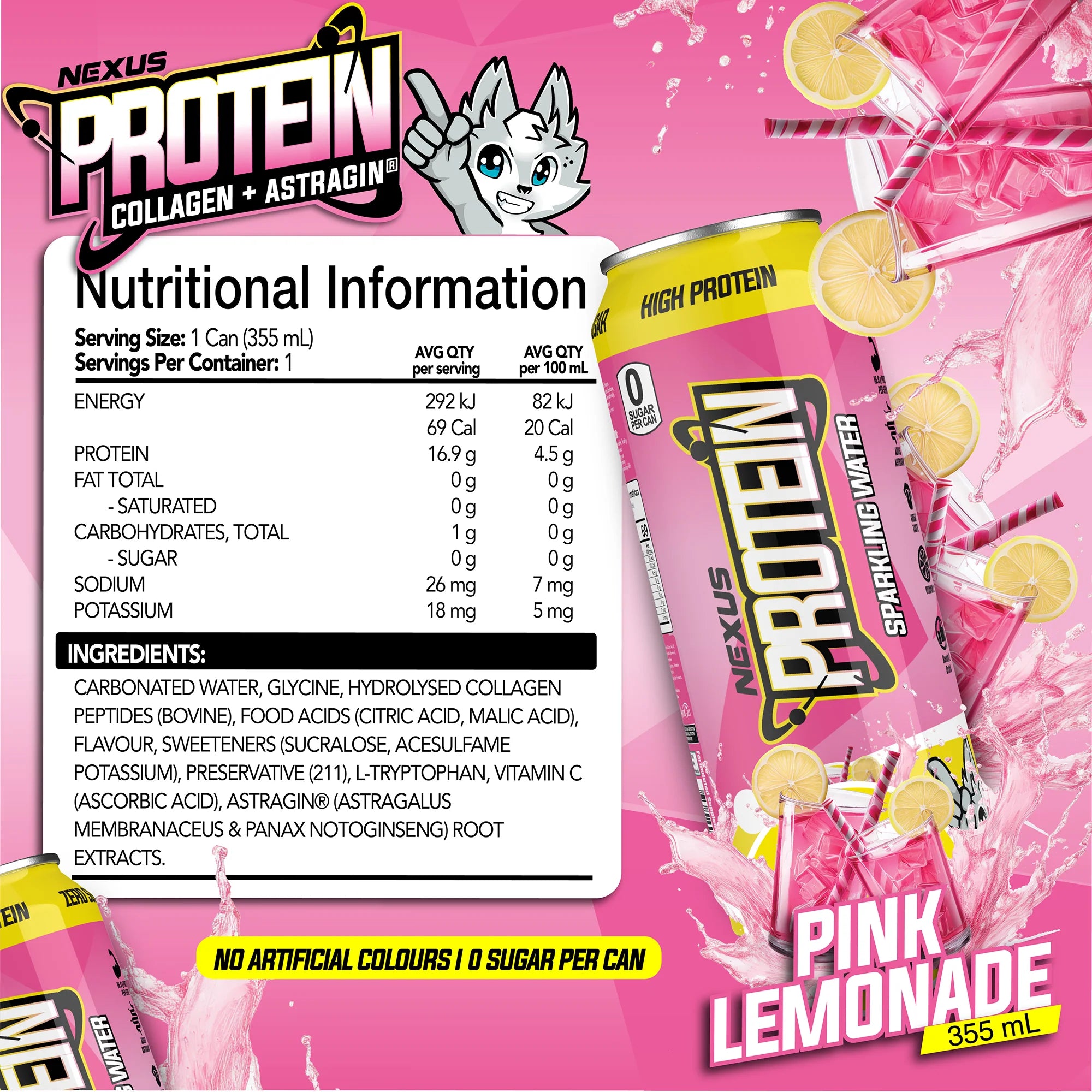 Nexus Protein Sparkling Water RTD Can - 355ml - Pink Lemonade