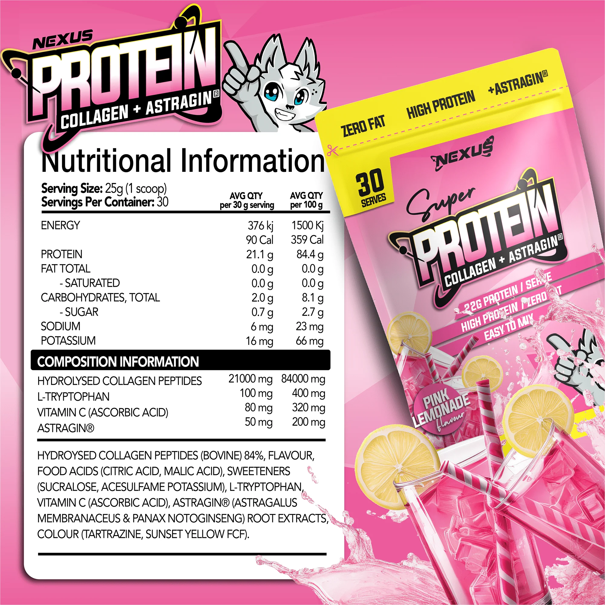 Nexus Super Protein Water - 750g (30 Serves) - Pink Lemonade