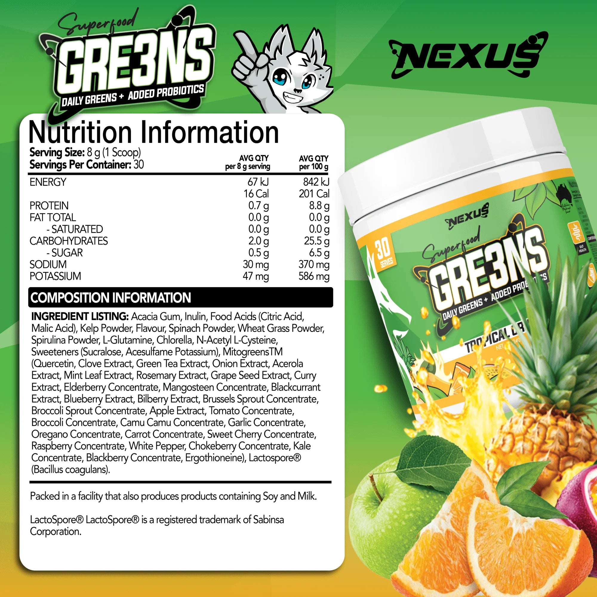Nexus Superfood Greens - 240g (30 Serves) - Tropical Crush