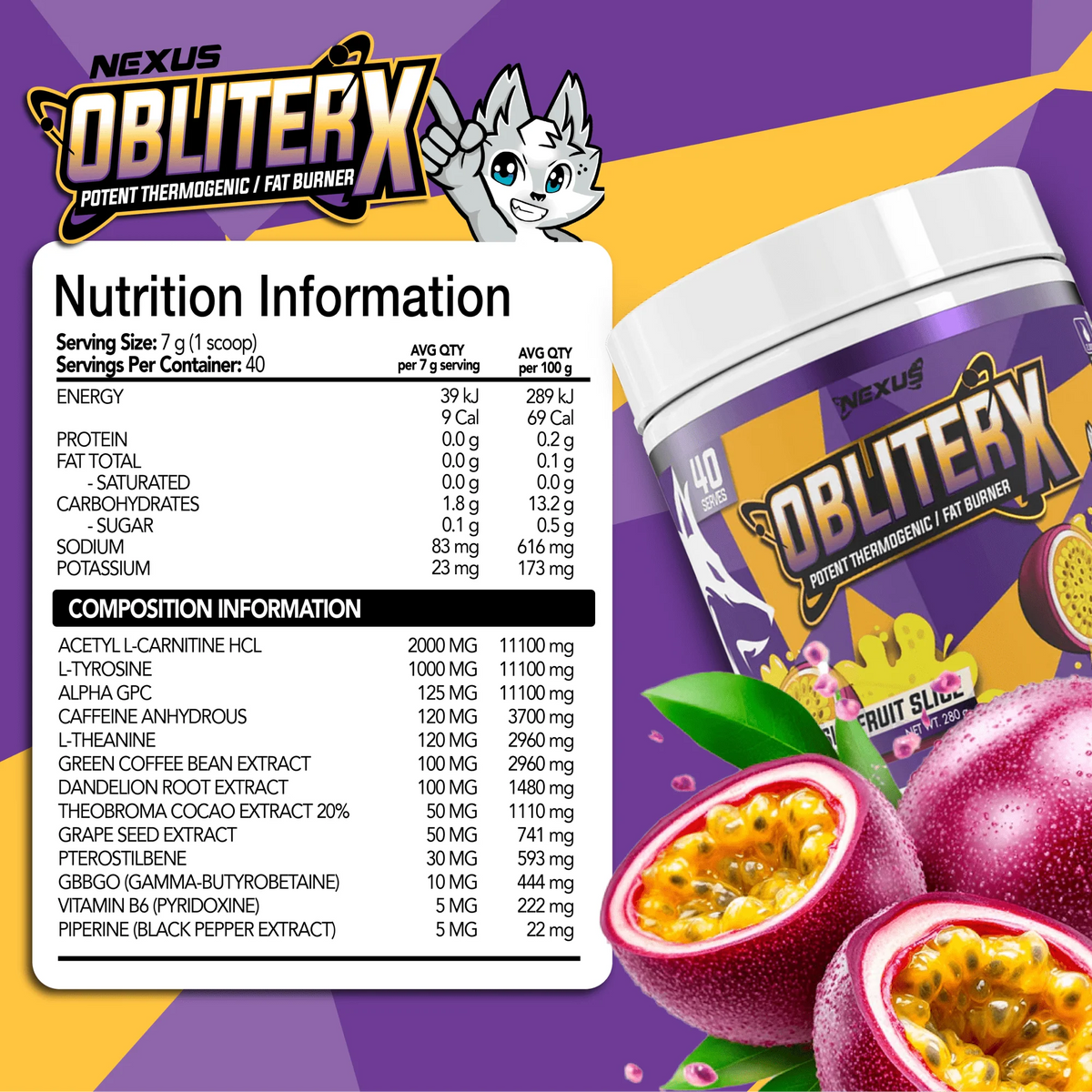 Oblater Nexus ObliterX Fat Burner - 280g (40 Serves) - Passionfruit ...