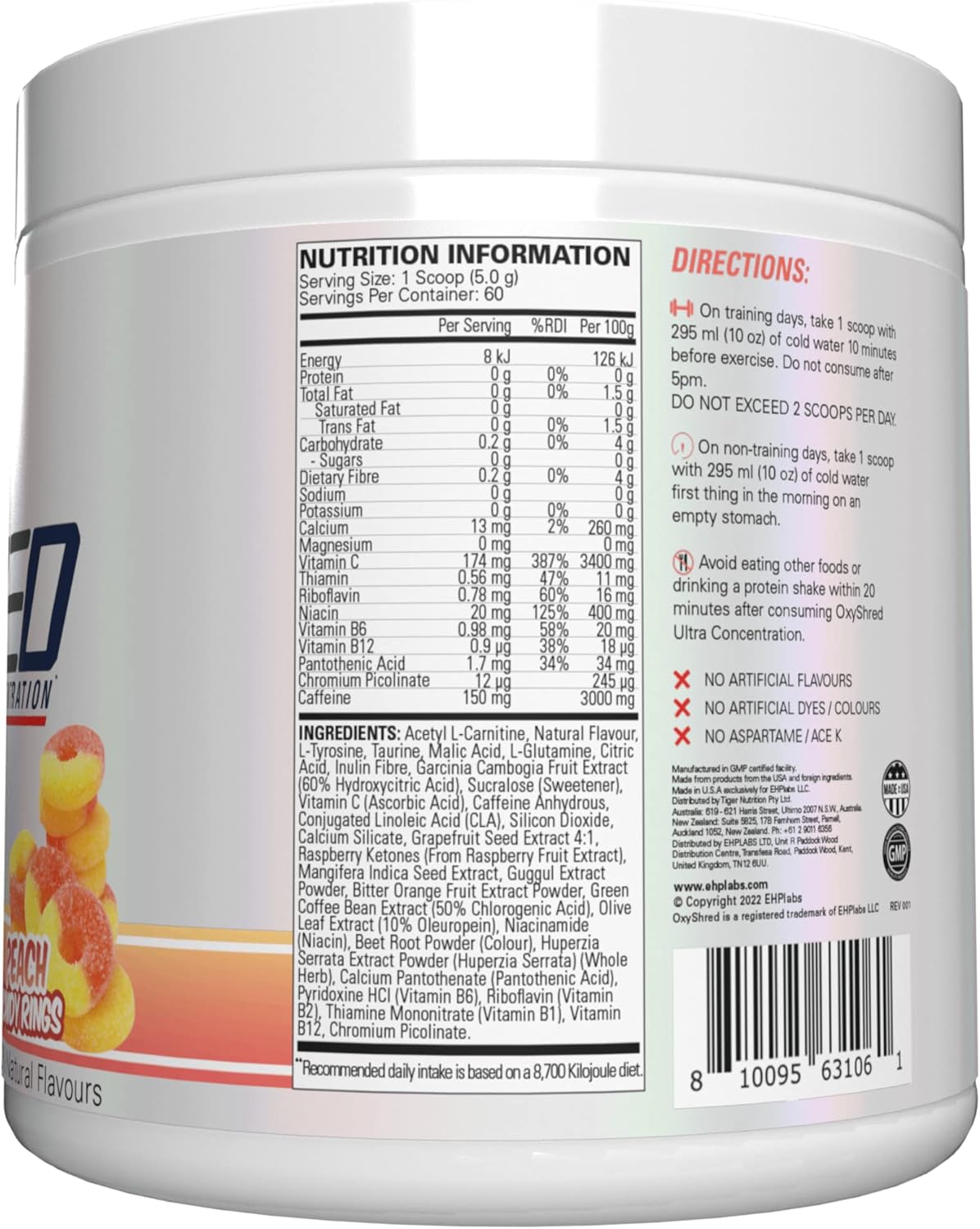 OxyShred Ultra Concentrate by EHPlabs - 300g (60 Serves) - Peach Candy Rings