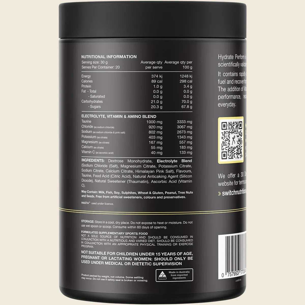 Switch Hydrate Perform Electrolytes + Carbohydrates - Kiwi Watermelon Flavour - 600g (20 Serves)