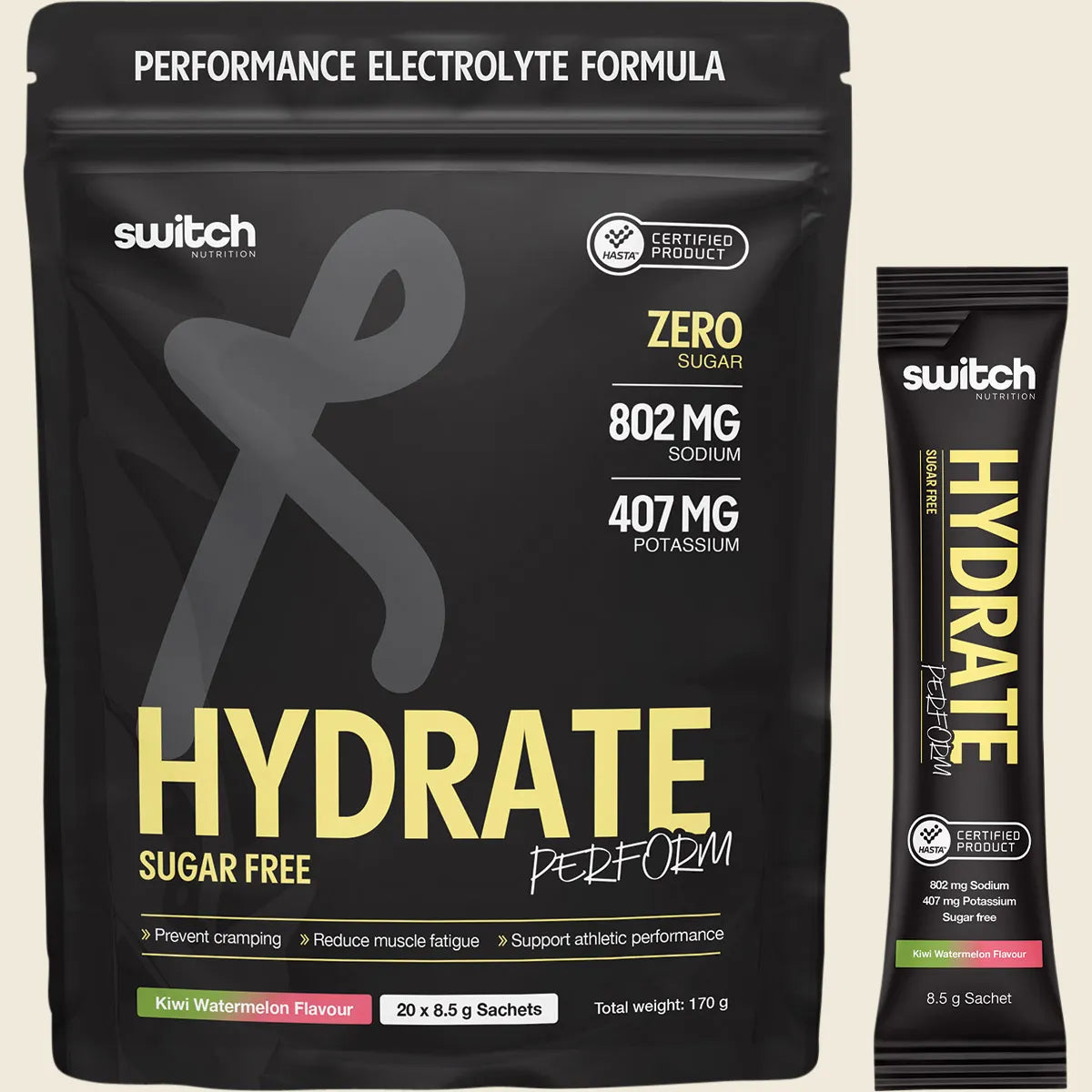 Switch Hydrate Perform Sugar Free Electrolyte Sachets - Kiwi Watermelon Flavour - 170g (20 x 8.5g)