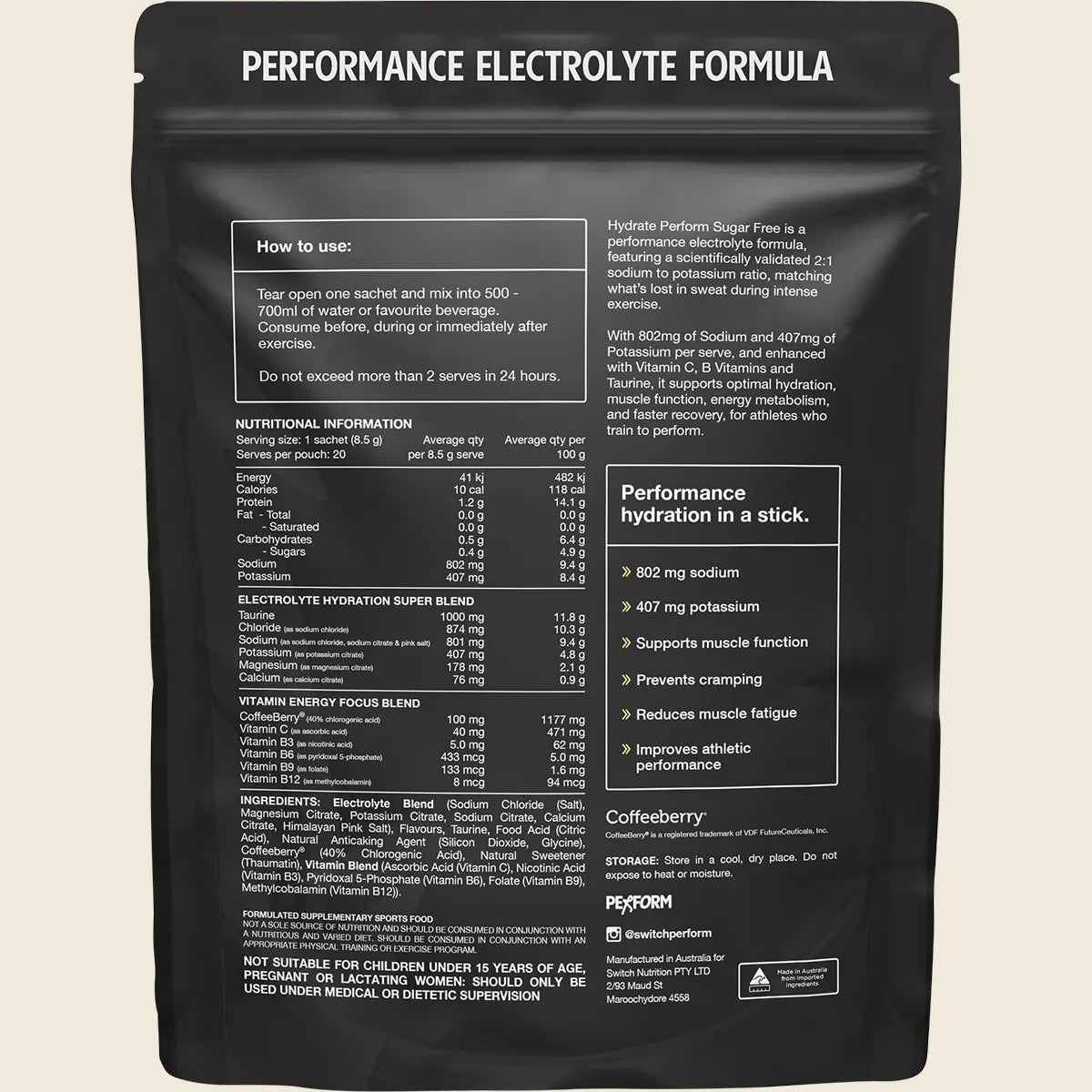 Switch Hydrate Perform Sugar Free Electrolyte Sachets - Kiwi Watermelon Flavour - 170g (20 x 8.5g)