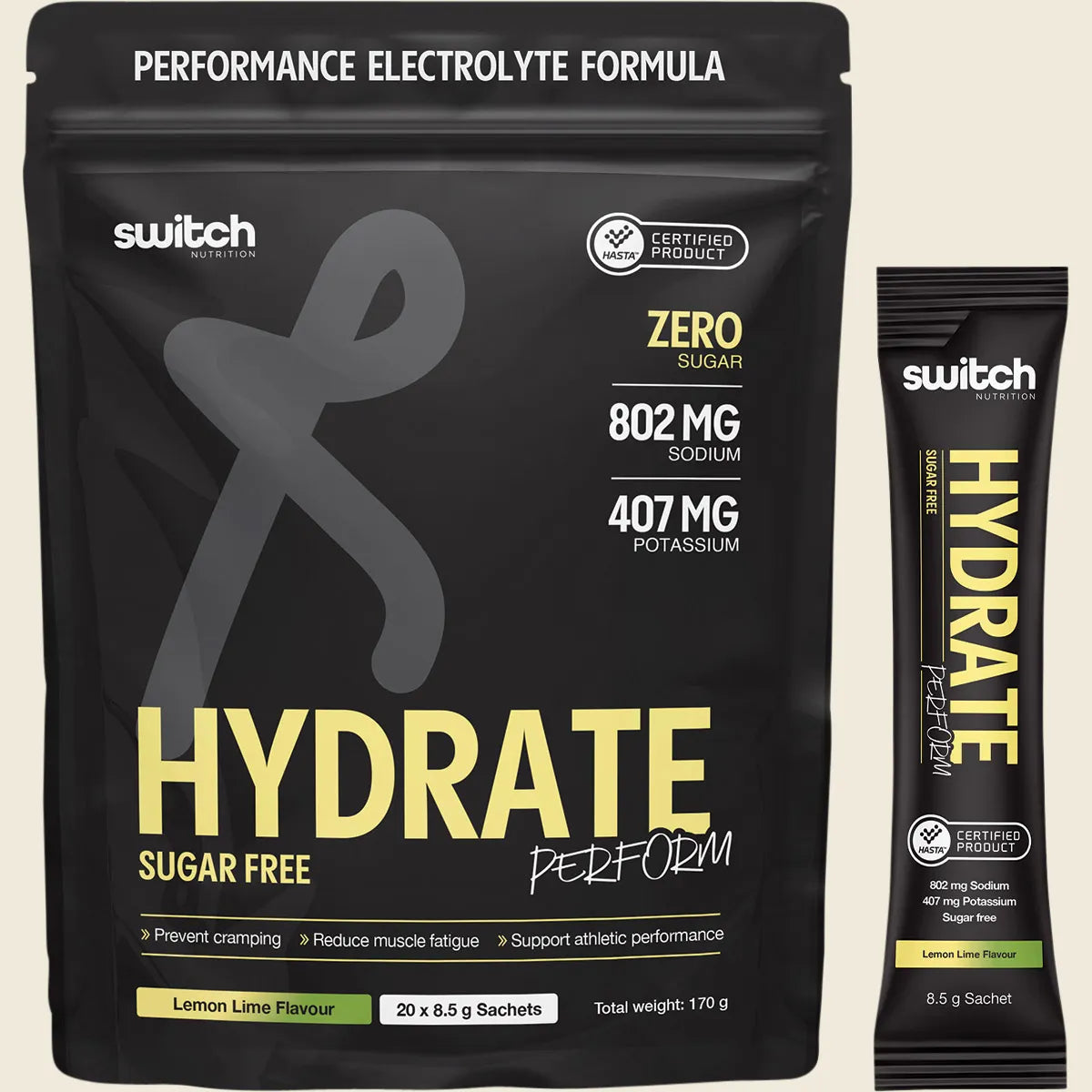 Switch Hydrate Perform Sugar Free Electrolyte Sachets - Lemon Lime Flavour - 170g (20 x 8.5g)