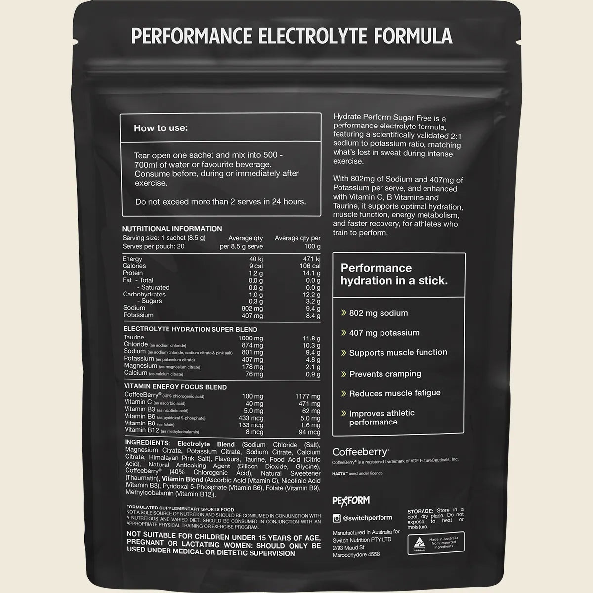 Switch Hydrate Perform Sugar Free Electrolyte Sachets - Lemon Lime Flavour - 170g (20 x 8.5g)