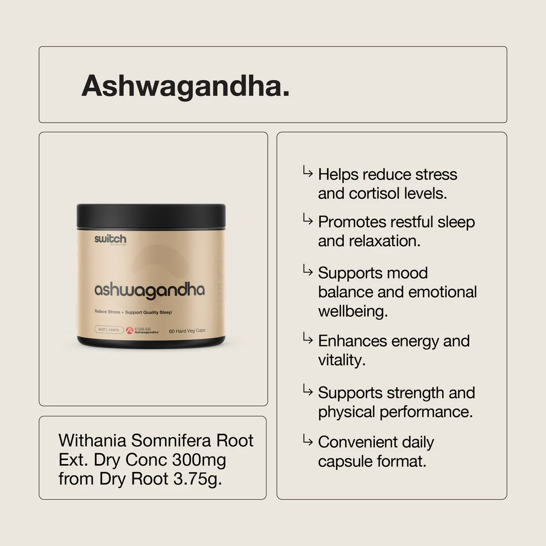 Switch Nutrition Ashwagandha (KSM-66) - 60 Caps (60 Serves)