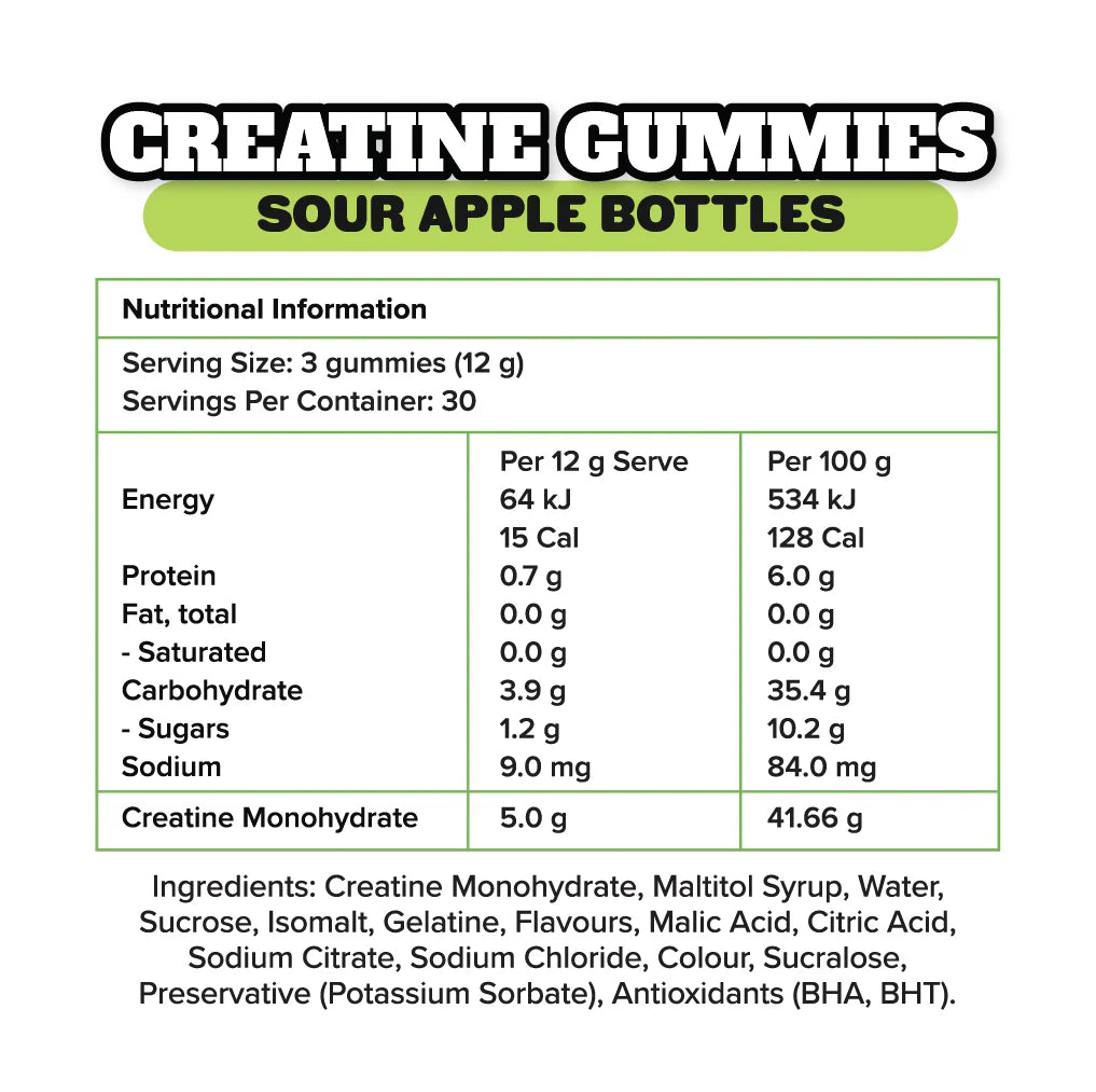 The Gummy Co - Creatine Gummies - Sour Apple Bottles - 360g (30 Serves)