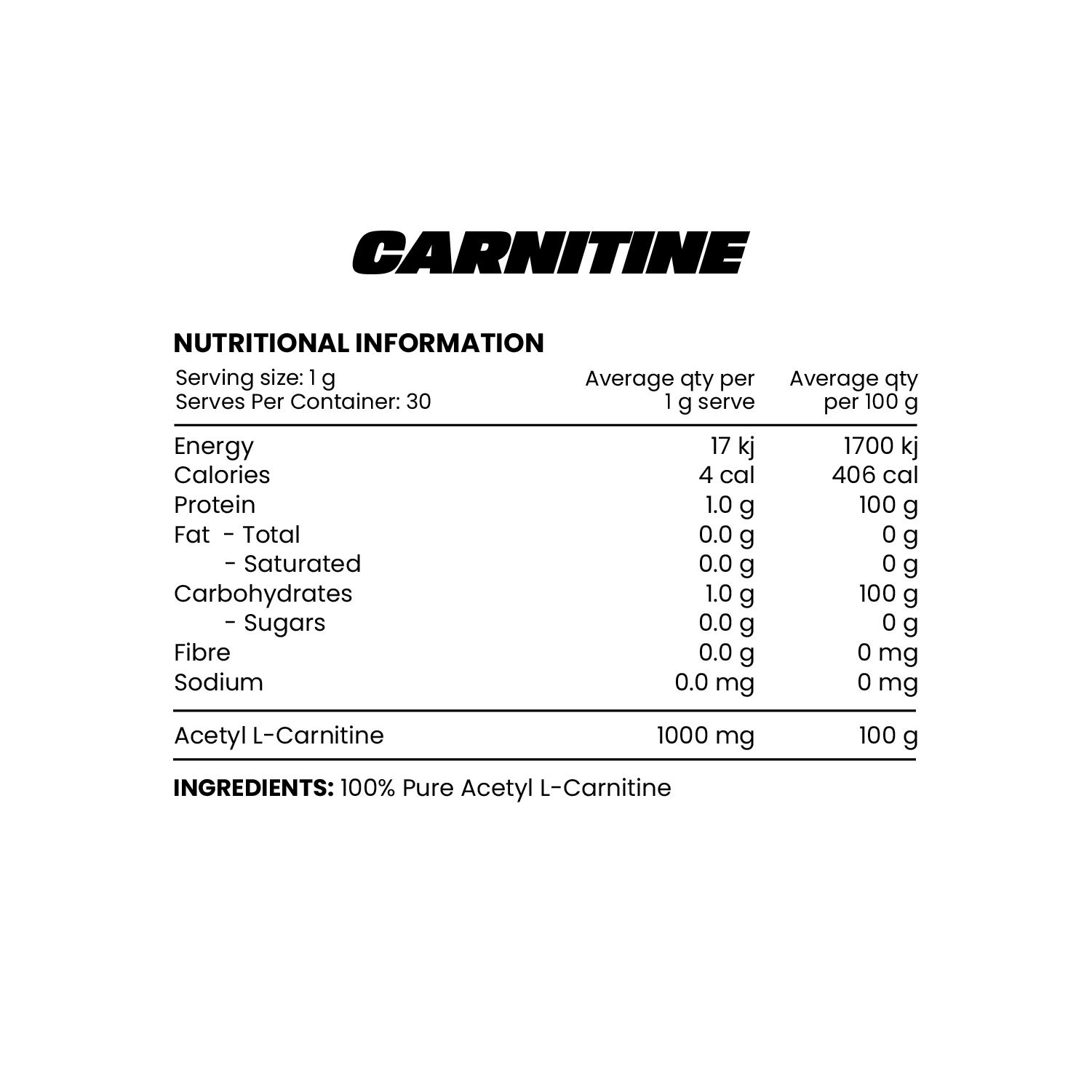 Zombie Labs Carnitine 100% Pure Acetyl L-Carnitine - 30g (30 Serves)