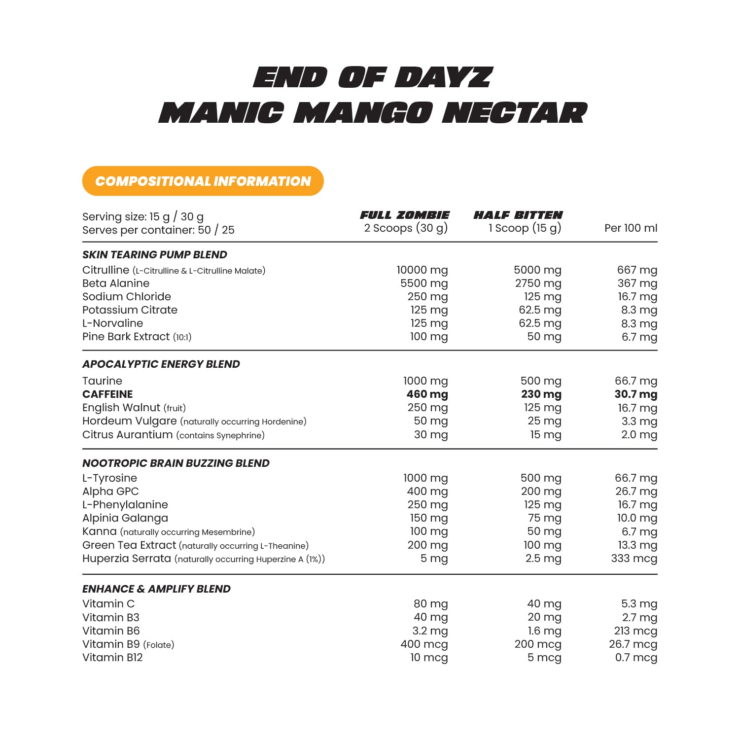 Zombie Labs End of Dayz Pre-Workout - 750g (50 Scoops) - Manic Mango Nectar